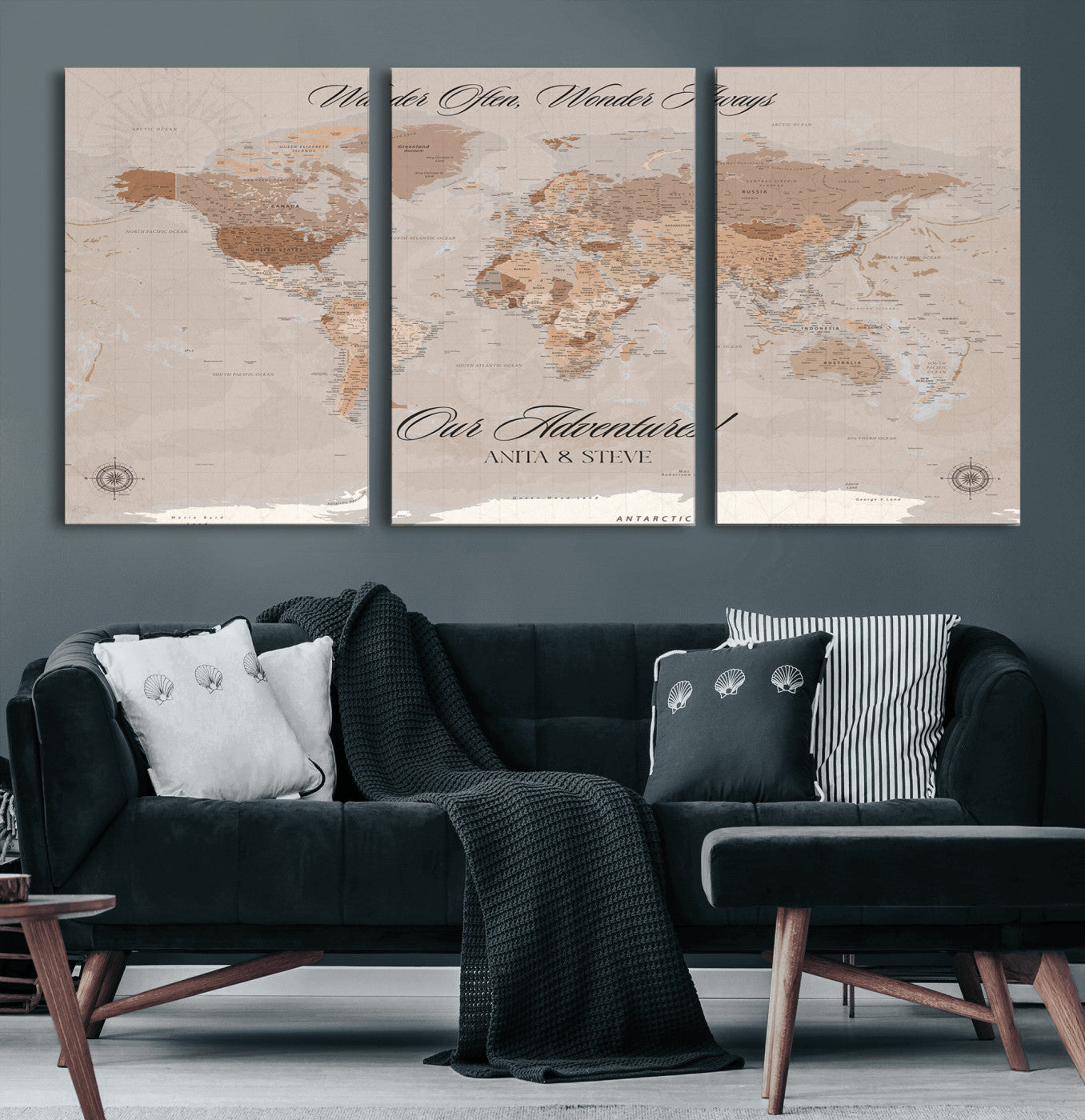 95243244-MGV-CV-60X30-3P-Wander Often Wonder Always World Map Wall Art – Neutral Beige Adventure Canvas Print, Rustic Boho Travel Decor for Bedroom, Living