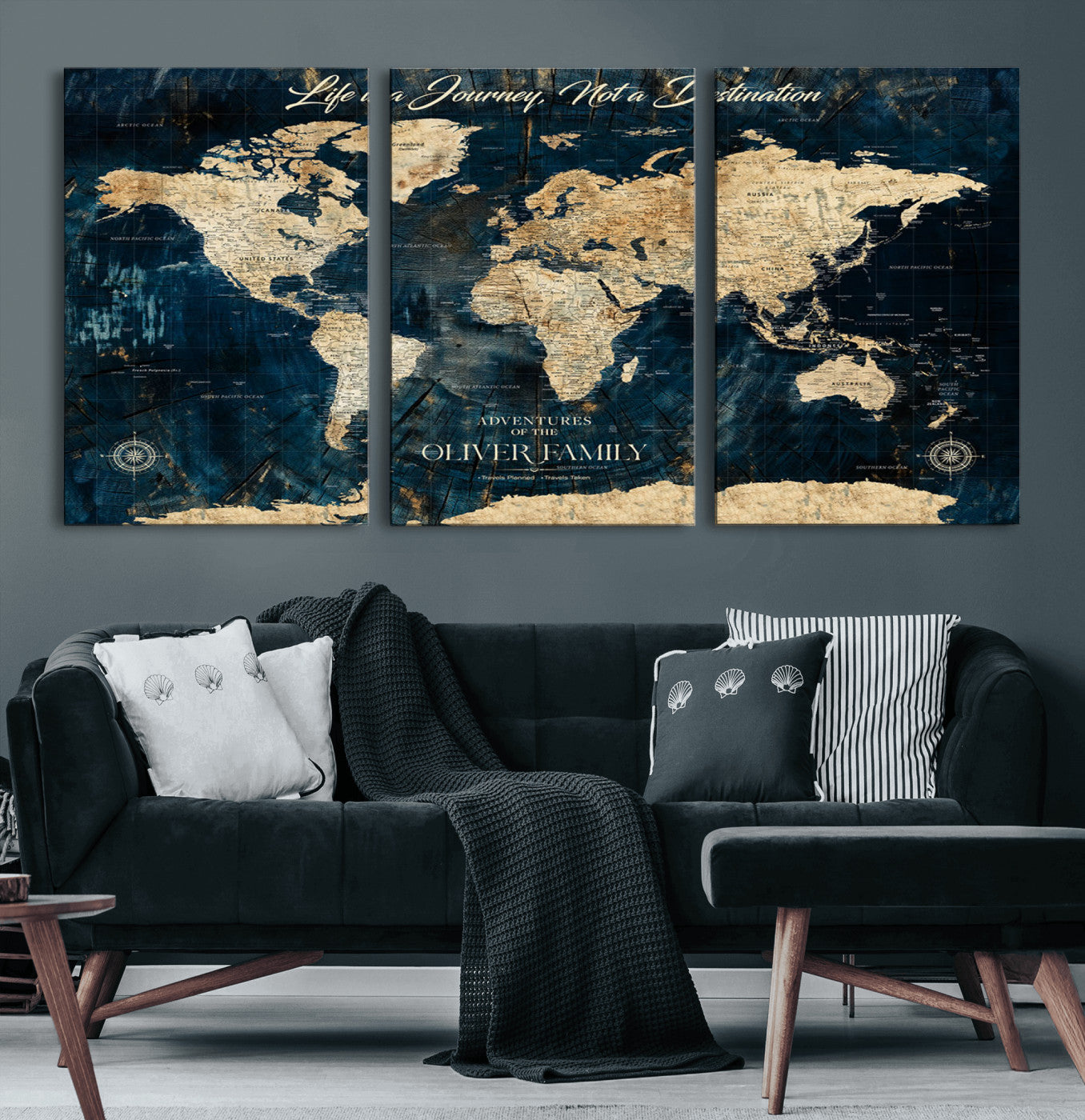 36970886-MGV-CV-60X30-3P-Life is a Journey Not a Destination World Map Rustic Navy Beige Vintage Travel Wall Art Adventure Quote Canvas Print for Home