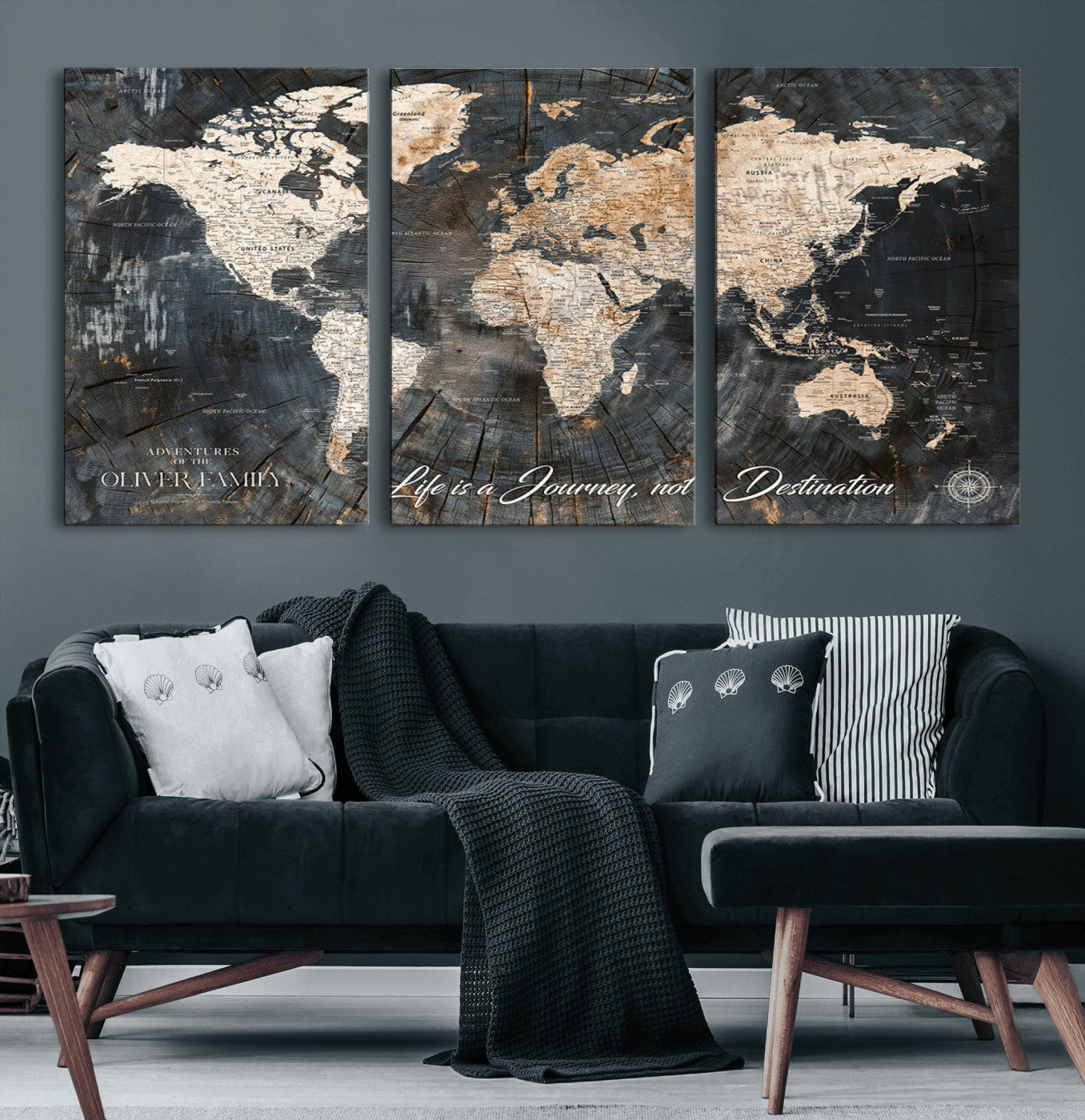 37848568-MGV-CV-60X30-3P-Life is a Journey Not a Destination World Map Rustic Wood Texture Vintage Beige Navy Adventure Wall Art Canvas Print for Home