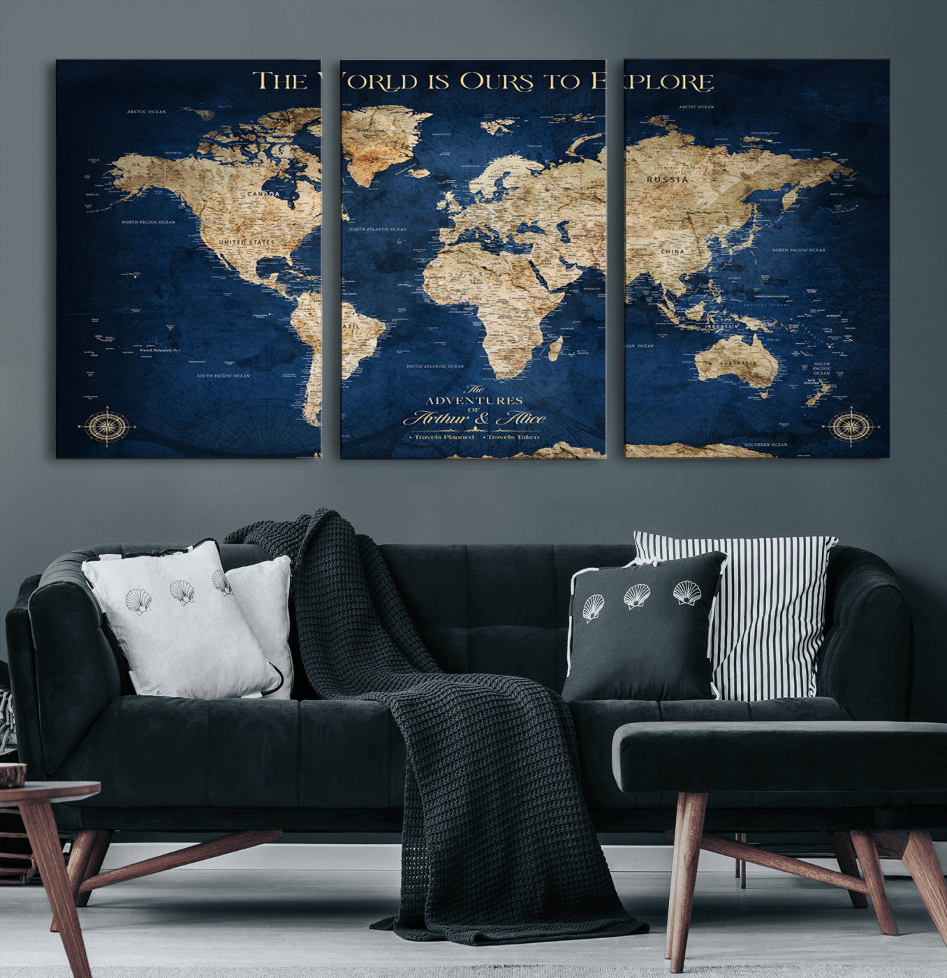 54782997-MGV-CV-60X30-3P-The World is Ours to Explore Wall Art – Blue World Map Canvas Print, Adventure Travel Decor for Home, Office or Living Room,