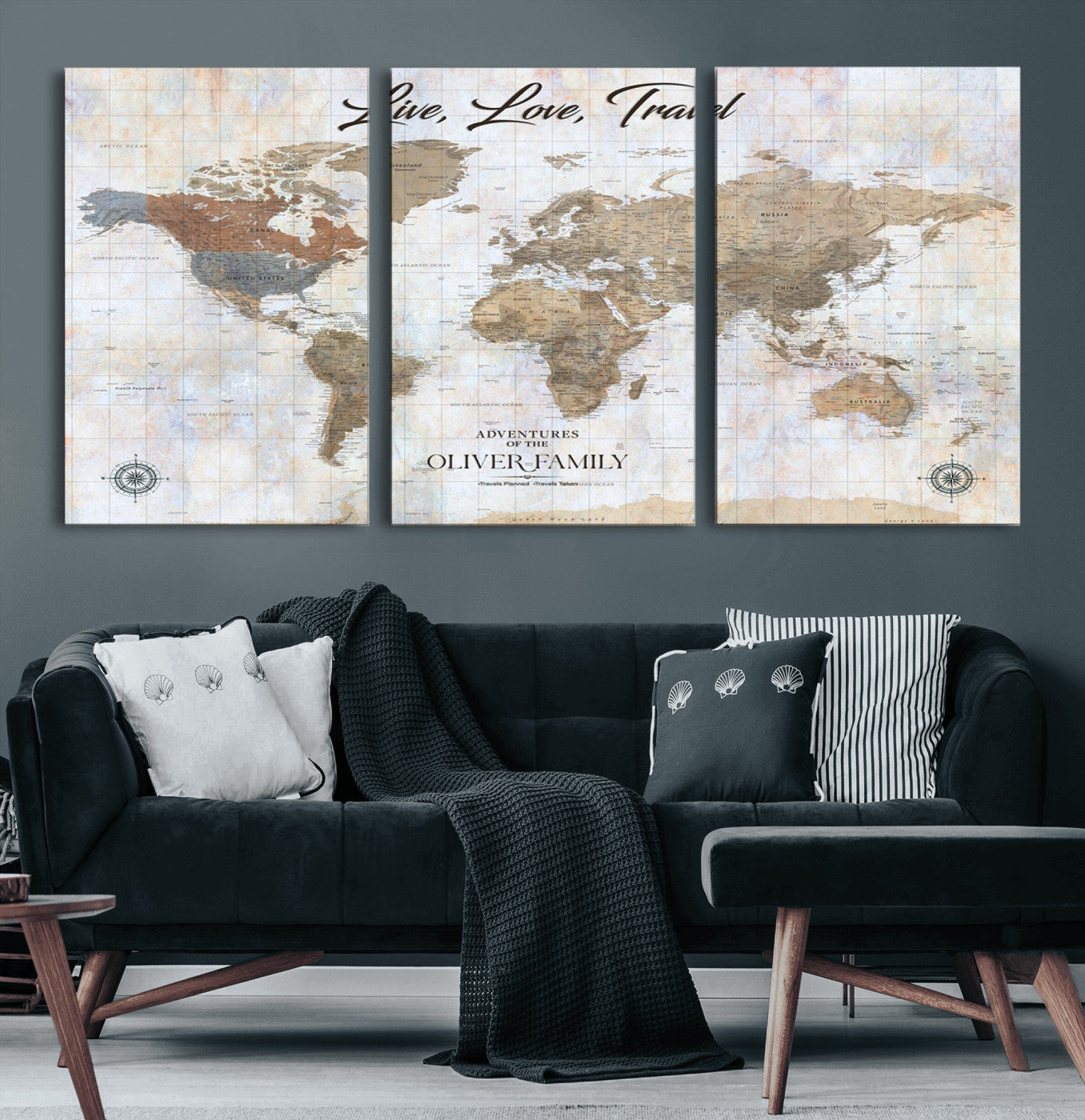 43924907-MGV-CV-60X30-3P-Live Love Travel Wall Art – Neutral World Map Canvas Print, Rustic Adventure Decor for Home, Office or Living Room, Unique Gift