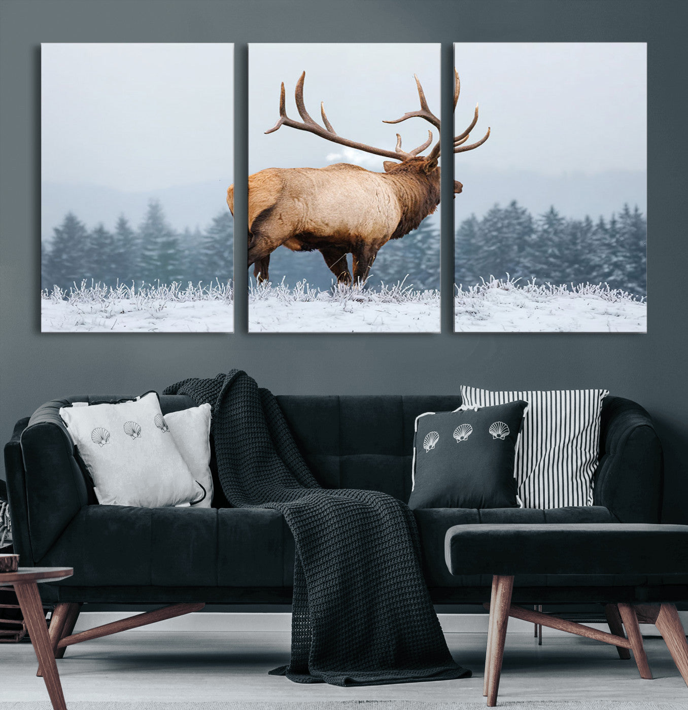 85177251-MGV-CV-60X30-3P-Elk Wall Art – Majestic Wildlife Canvas Print of Bull Elk Snowy Forest, Rustic Nature Decor for Living Room, Cabin, or Office
