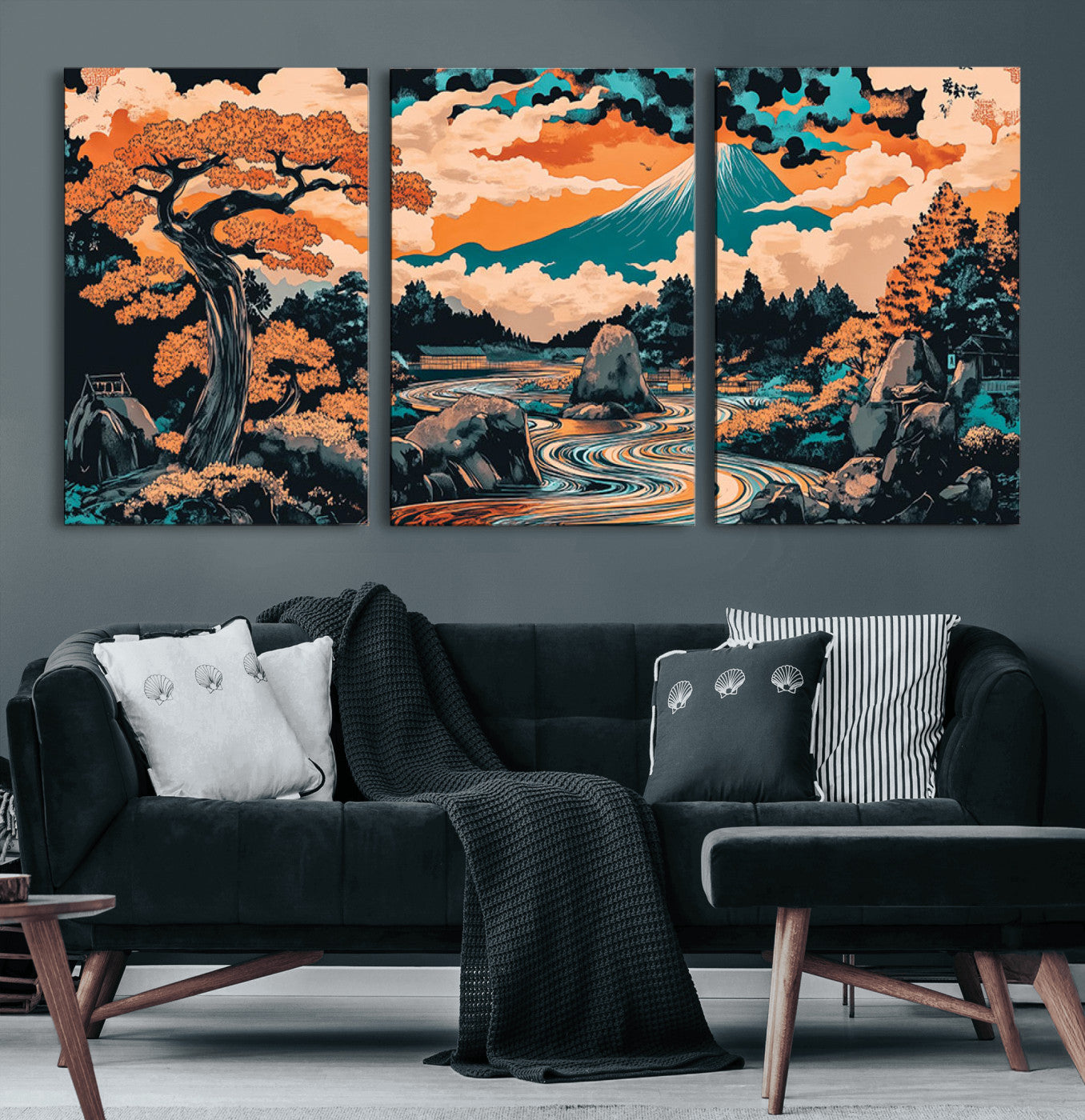 21638941-MGV-CV-60X30-3P-Japanese Landscape Wall Art – Mount Fuji and Flowing River Ukiyo-e Style Canvas Print, Traditional Japan Inspired Artwork for