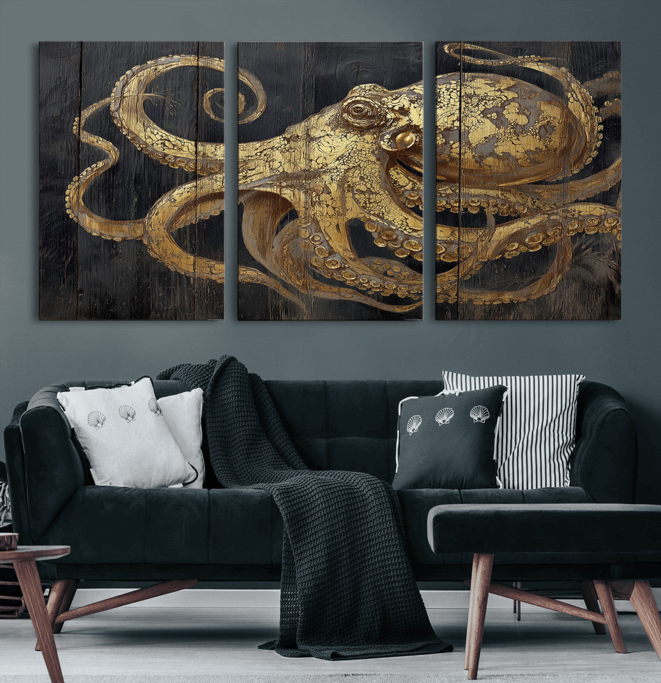 47056538-MGV-CV-36X24-Octopus Canvas Wall Art – Gold Detail, Wooden Texture, Marine Life, Ocean Creature Tentacles, Nautical Coastal Rustic Decor for