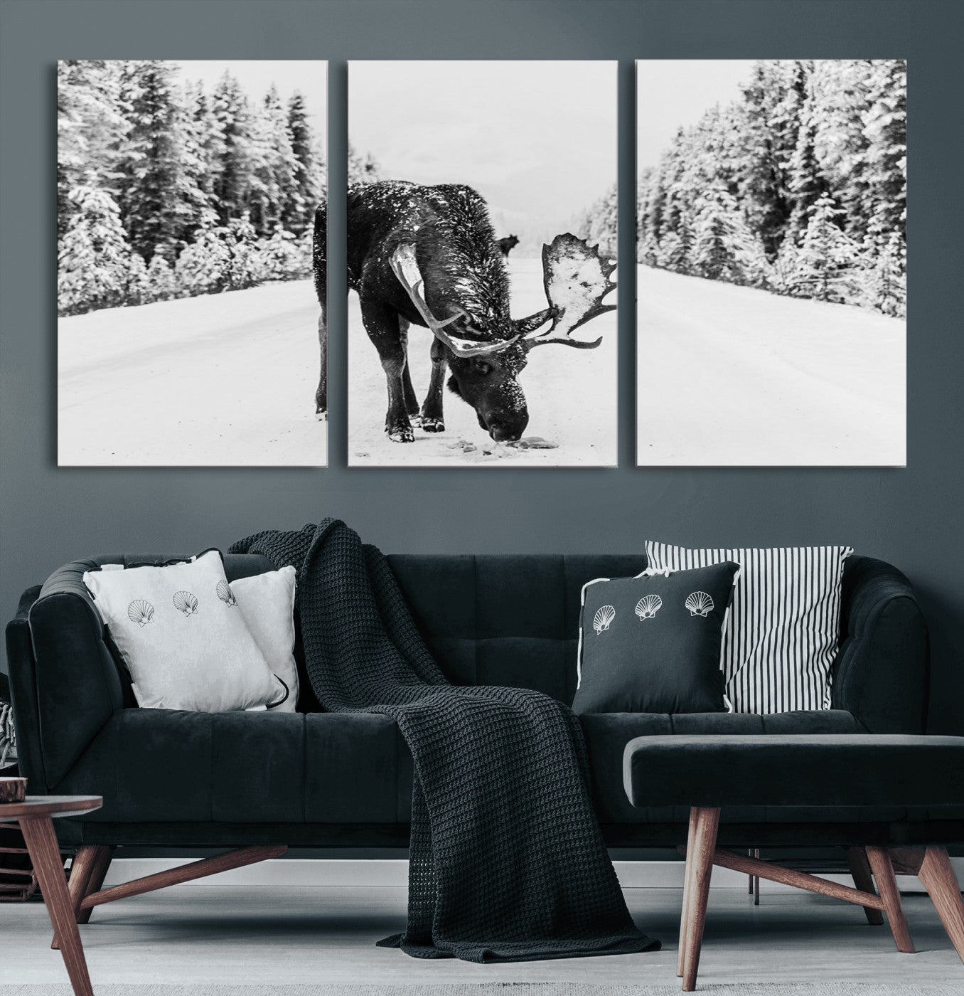 38956835-MGV-CV-60X30-3P-Moose Wall Art – Black and White Wildlife Canvas Print with Snowy Forest Road, Rustic Nature Photography for Cabin, Lodge, Living