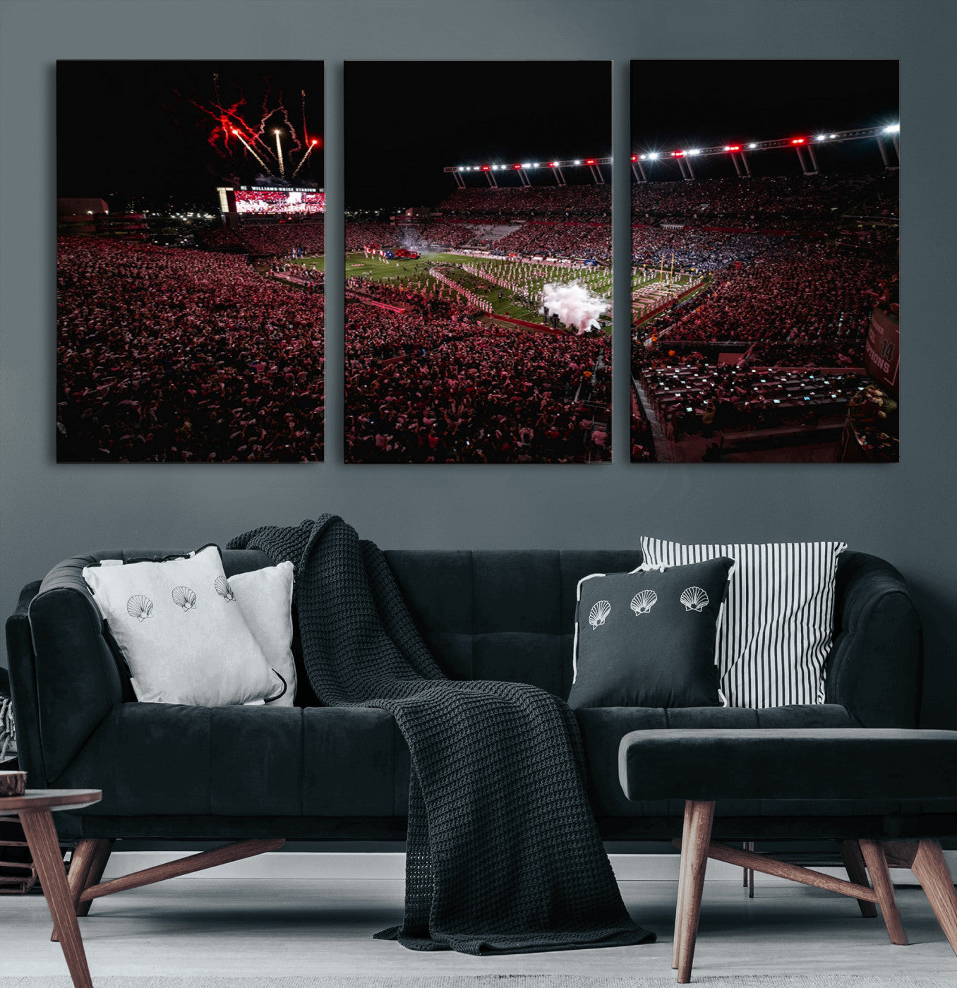 60690191-MGV-CV-60X30-3P-Stadium Wall Art – Night Game Football Canvas Print with Fireworks, Marching Band and Crowd, Panoramic Sports Photography for Man
