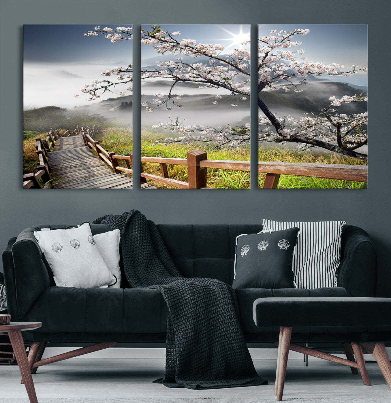 34632598CRY-MGV-CV-60X30-3P-Cherry Blossom Wall Art – Scenic Asian Landscape Canvas Print with Wooden Walkway, Misty Mountains and Sunrise, Serene Nature