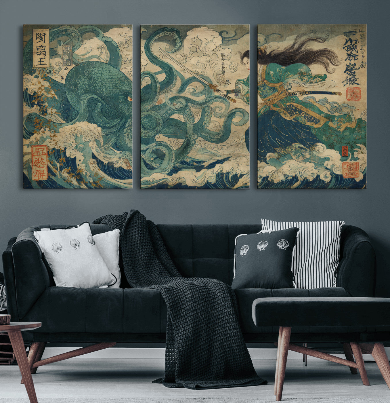 60346622-MGV-CV-60X30-3P-Samurai Warrior vs Octopus Wall Art – Japanese Ukiyo-e Style Ocean Battle Canvas Print, Traditional Samurai Artwork for Living