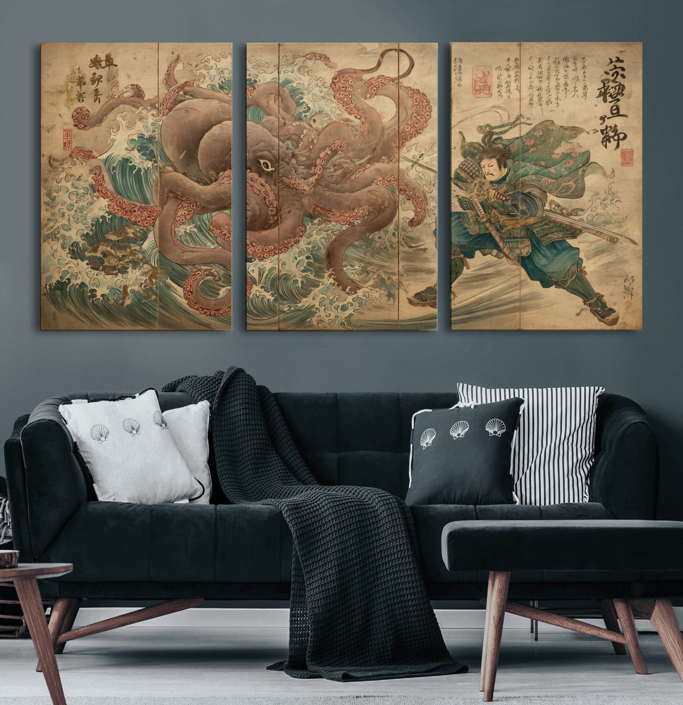 63782167-MGV-CV-36X24-Tsukioka Yoshitoshi Samurai Wall Art Print, Japanese Katana Warrior Canvas Wall Art, Octopus Sea Monster Canvas Print,