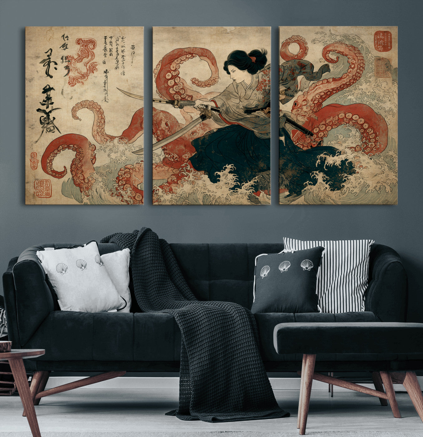 50812504-MGV-CV-36X24-Tsukioka Yoshitoshi Samurai Wall Art Print, Japanese Katana Warrior Canvas Wall Art, Octopus Sea Monster Canvas Print,