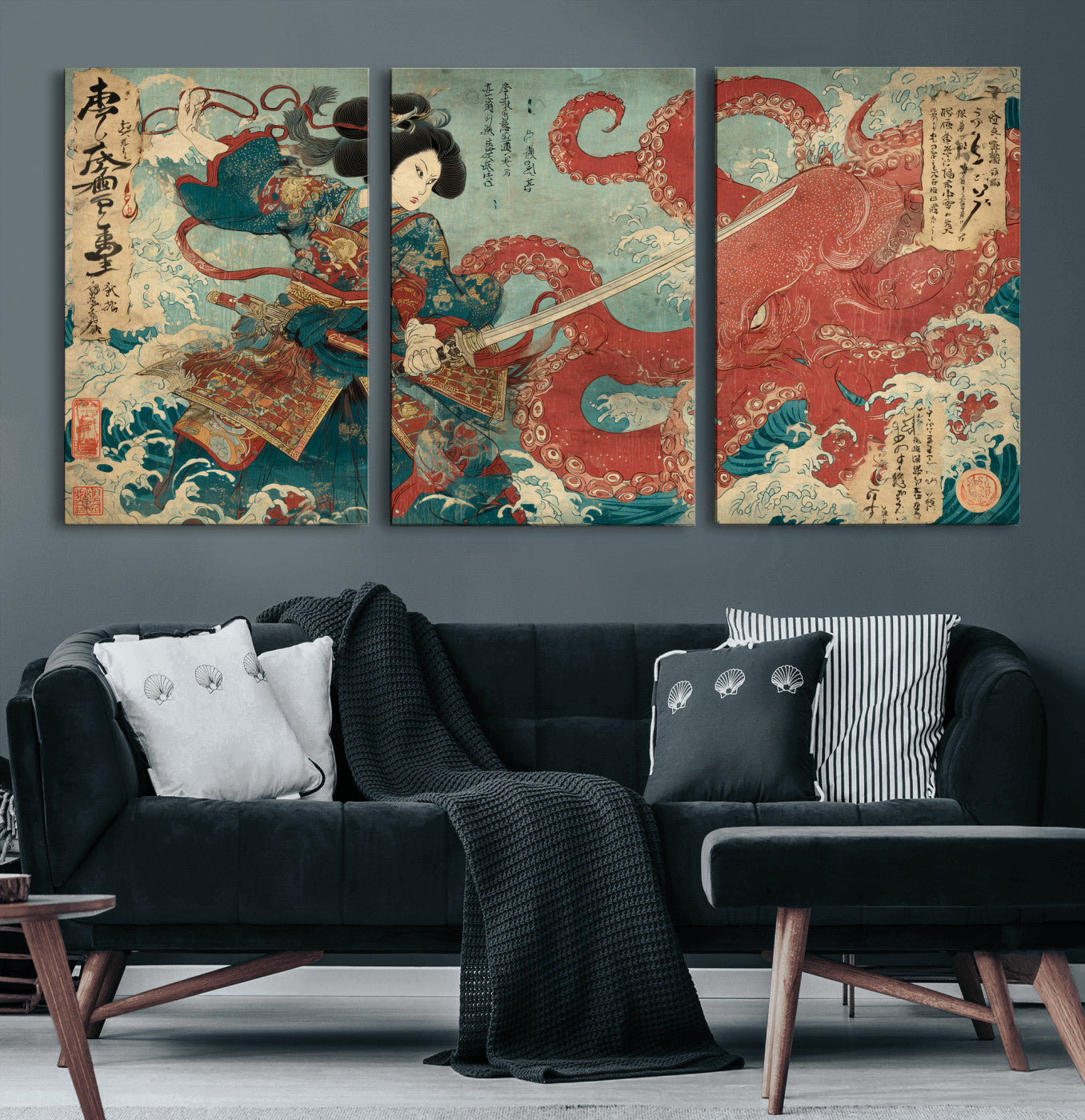 68844327-MGV-CV-36X24-Tsukioka Yoshitoshi Samurai Wall Art Print, Japanese Katana Warrior Canvas Wall Art, Octopus Sea Monster Canvas Print,