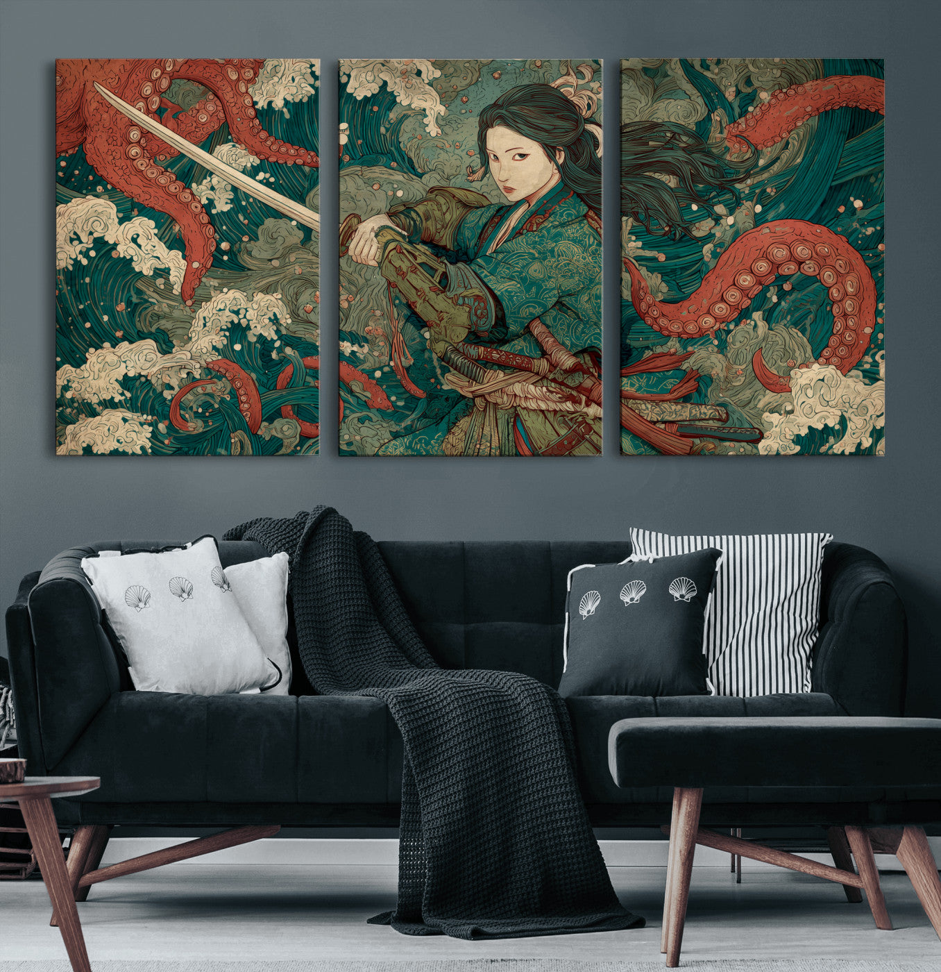 35461724-MGV-CV-36X24-Samurai Woman vs Octopus Wall Art – Japanese Ukiyo-e Ocean Waves Canvas Print, Red Tentacle Battle Artwork for Living Room,