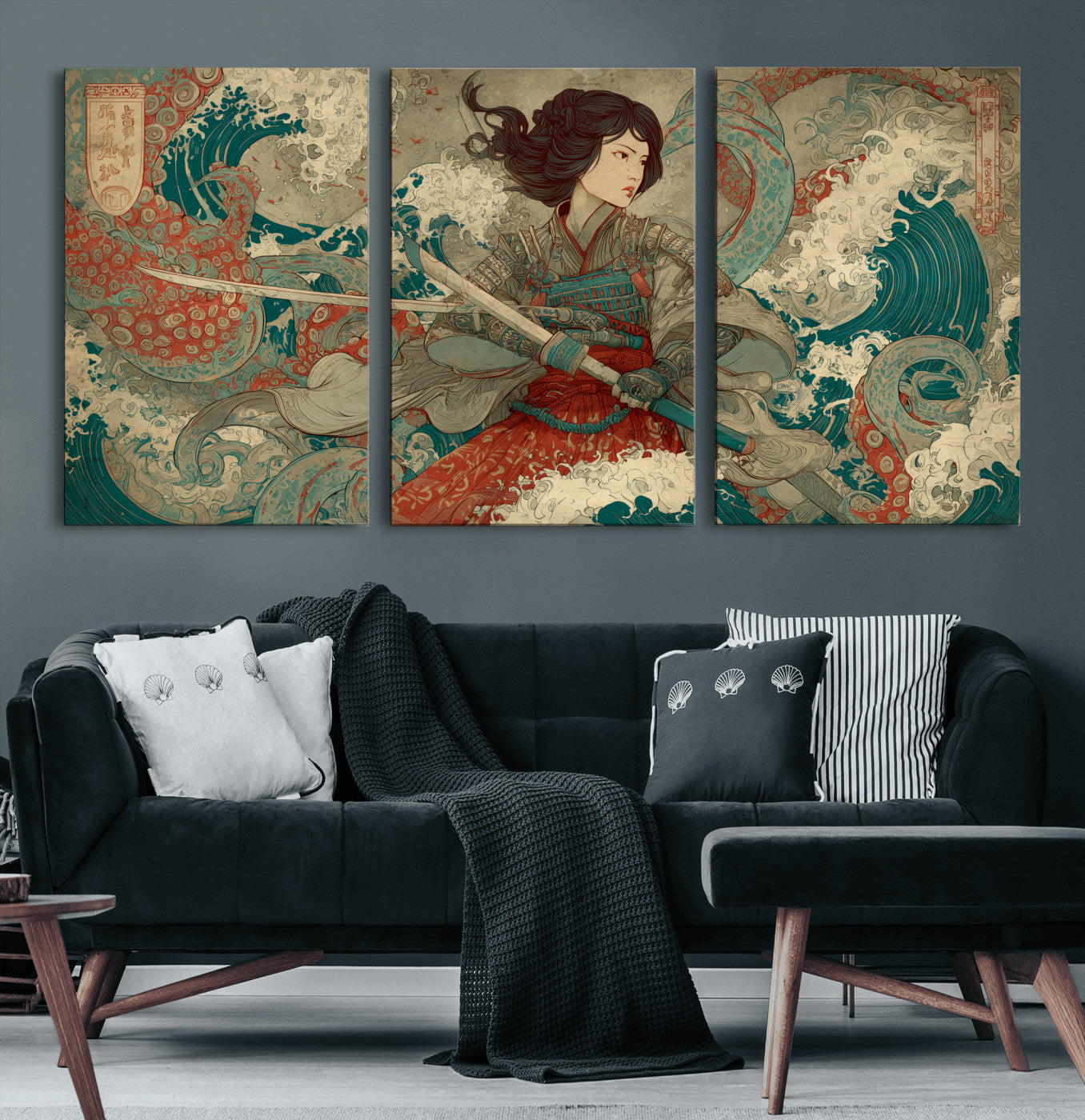 63377977-MGV-CV-36X24-Tsukioka Yoshitoshi Samurai Wall Art Print, Japanese Katana Warrior Canvas Wall Art, Octopus Sea Monster Canvas Print,
