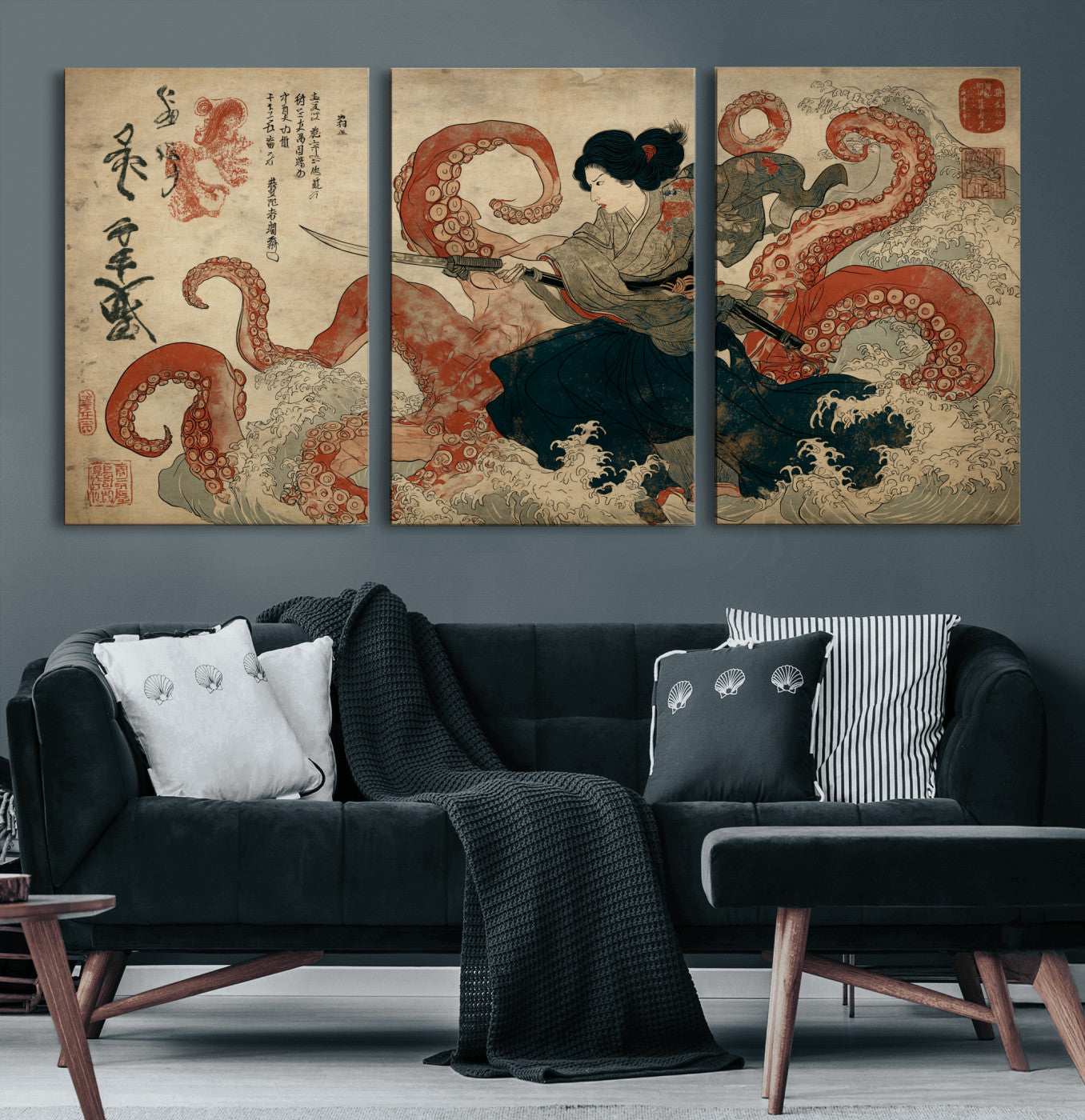 82737246-MGV-CV-60X30-3P-Samurai Woman vs Octopus Wall Art – Japanese Ukiyo-e Dual Sword Canvas Print, Red Tentacle Ocean Battle Artwork for Living Room,