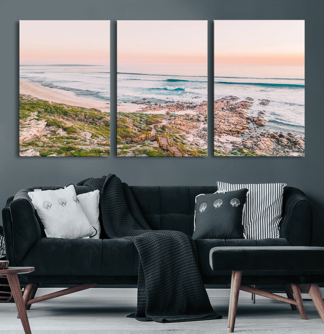 27332135-MGV-CV-60X30-3P-Coastal Sunset Wall Art – Ocean Waves and Rocky Shore Canvas Print, Scenic Seaside Photography Decor for Bedroom, Living Room,