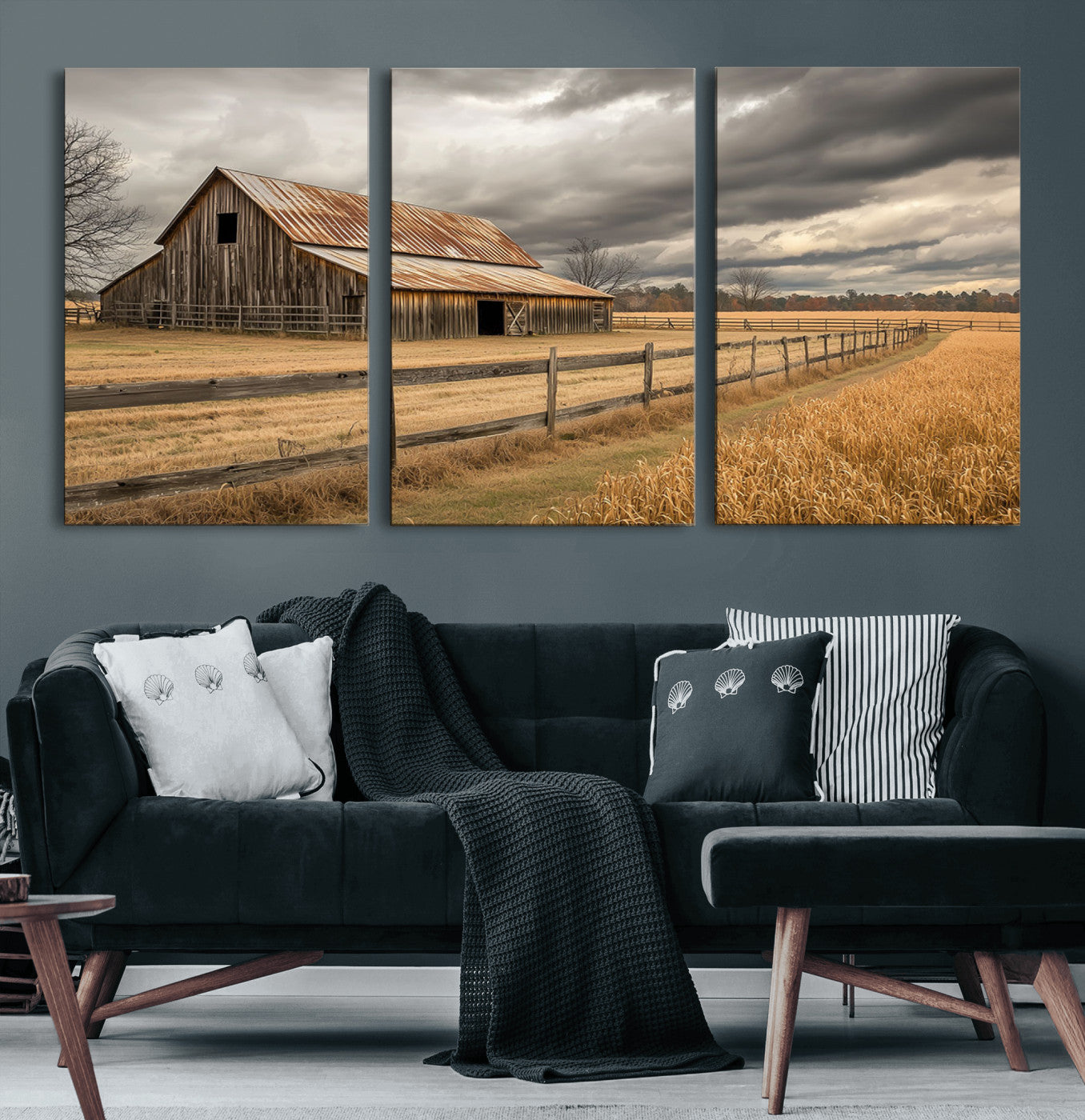 21991117-MGV-CV-36X24-Rustic Barn Wall Art – Weathered Farmhouse Canvas Print, Stormy Sky and Golden Field Photography Decor for Bedroom, Living Room,