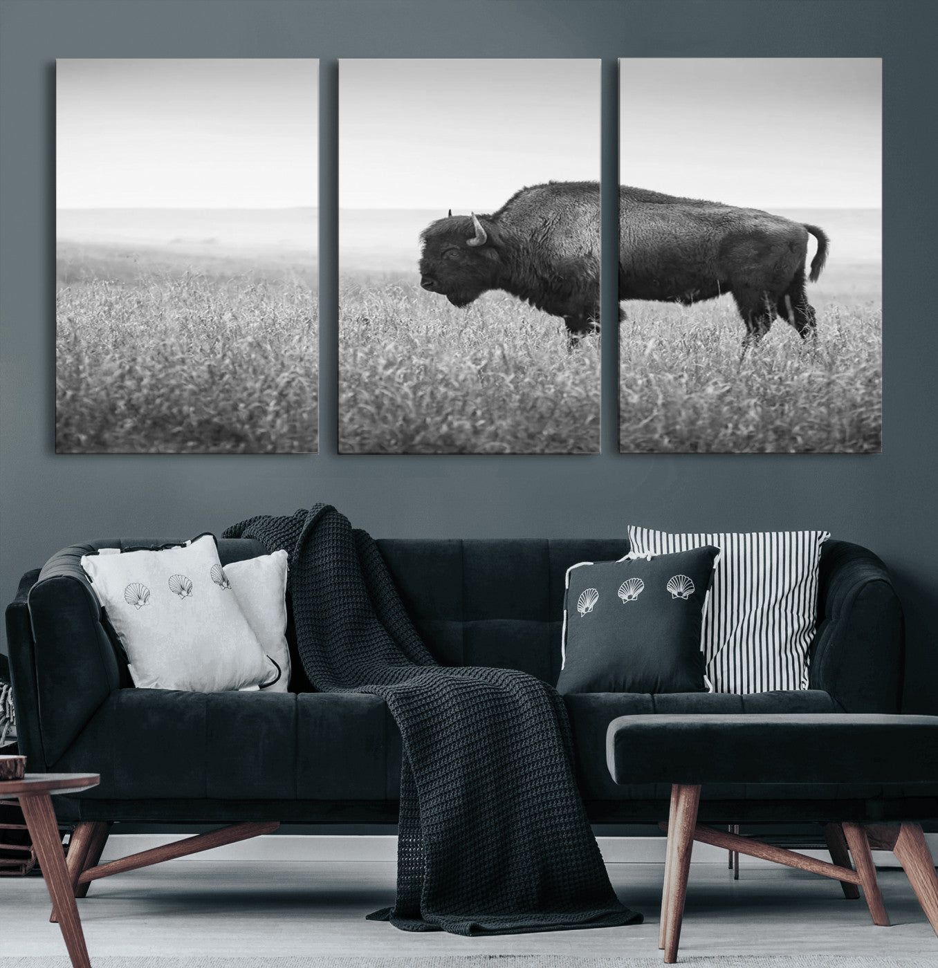 90861202-MGV-CV-60X30-3P-Black and White Bison Canvas Wall Art – Rustic American Buffalo Print, Western Wildlife Photography for Farmhouse, Cabin, Office