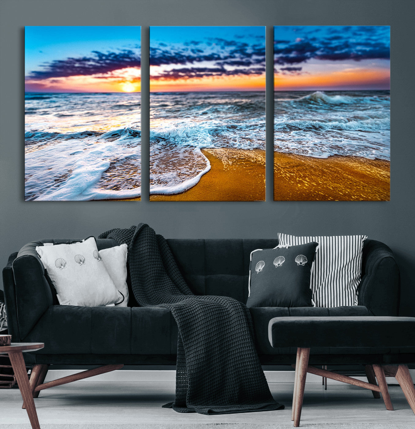 24077769-MGV-CV-60X30-3P-Sunset Beach Wall Art – Ocean Waves Canvas Print, Golden Shoreline Photography Coastal Decor for Living Room, Bedroom, Office,
