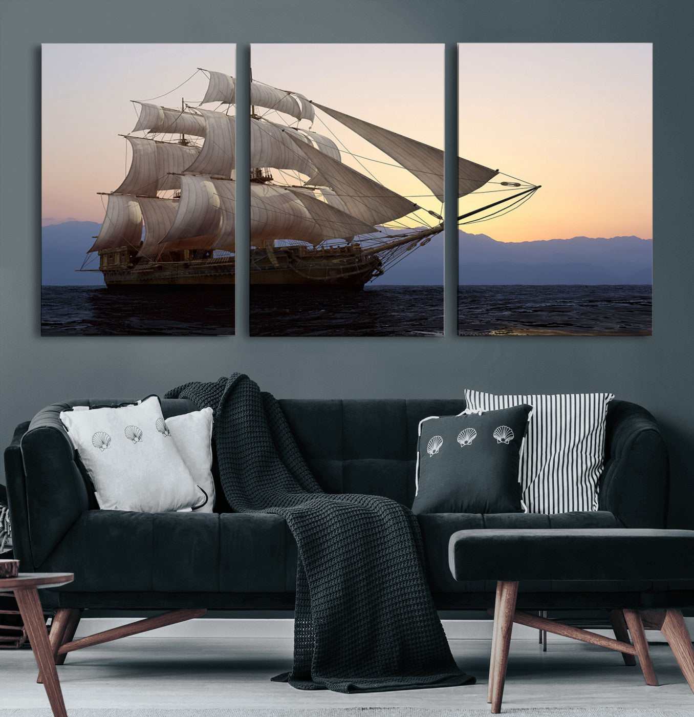 99957679-MGV-CV-60X30-3P-Majestic Sailing Ship Wall Art – Sunset Ocean Voyage, Classic Tall Ship with Wind Filled Sails Canvas Print for Home, Office,