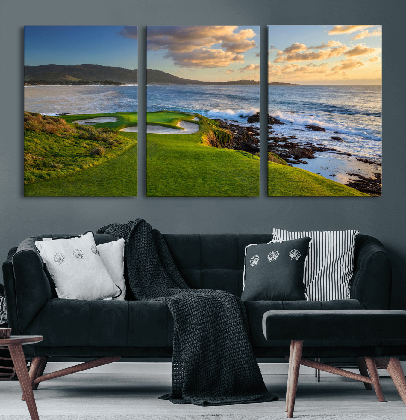 67486665-MGV-CV-60X30-3P-Golf Course Wall Art – Pebble Beach Oceanfront Canvas Print, Coastal Fairway Photography Sports Decor for Living Room, Office, Man