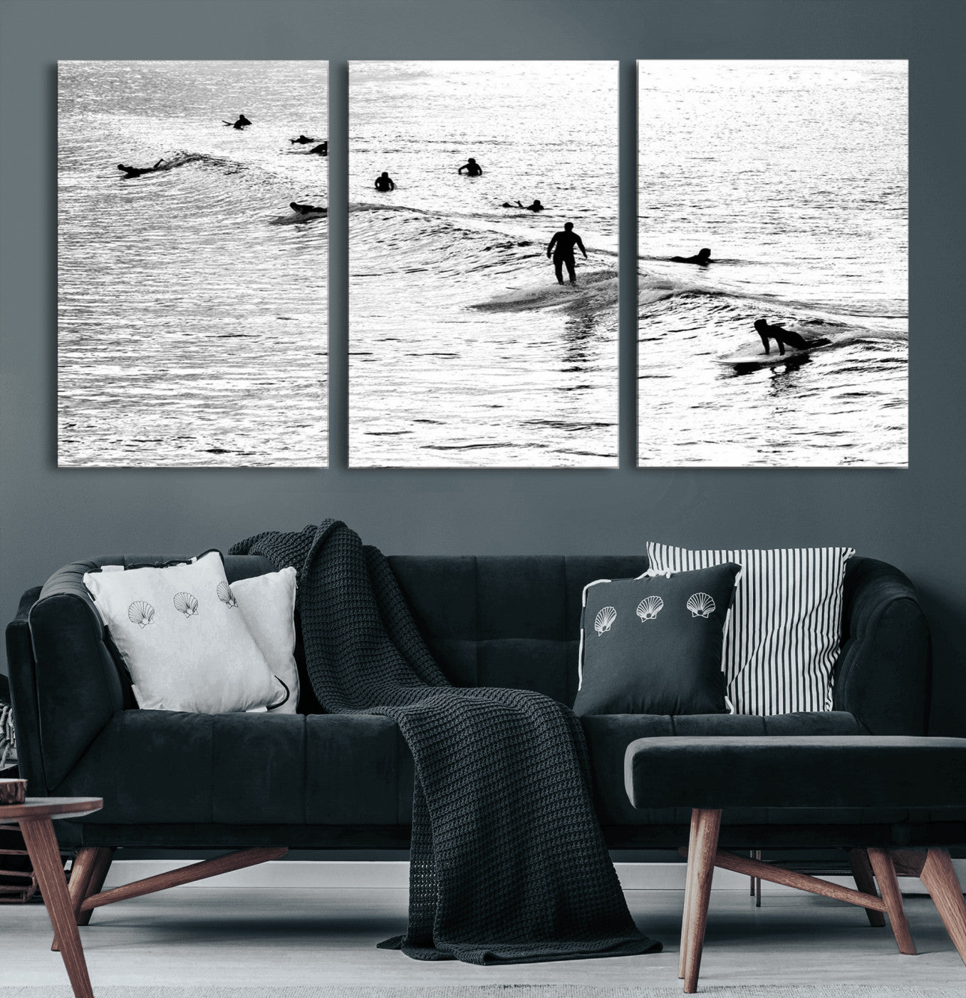 68018616-MGV-CV-60X30-3P-Black and White Surf Photography Print – Minimalist Ocean Wall Art, Surfers Riding Waves, Coastal Beach Decor for Modern Home or