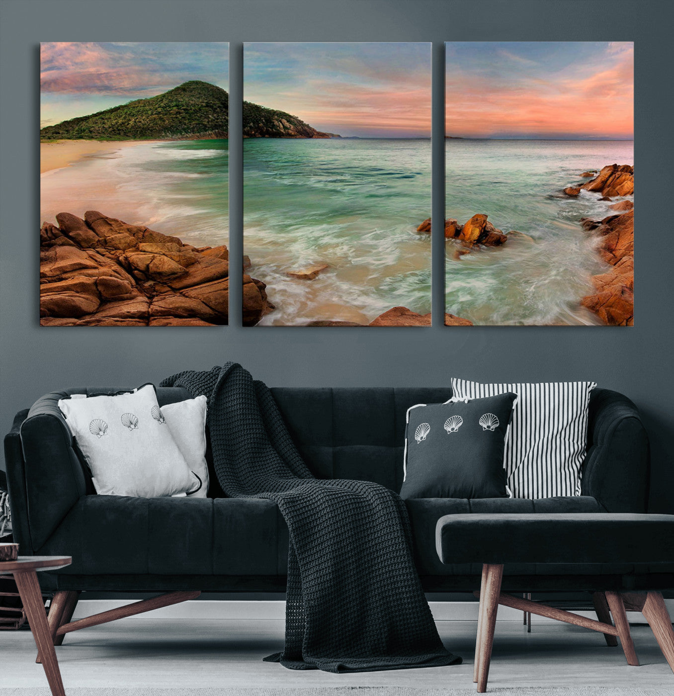 53831025-MGV-CV-60X30-3P-Coastal Landscape Wall Art – Tropical Beach Ocean Canvas Print, Sunset Mountain View Photography Decor for Living Room, Bedroom,