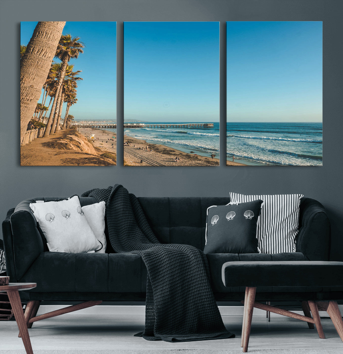 92568259-MGV-CV-60X30-3P-California Beach Wall Art – Palm Tree Pier Canvas Print, Coastal Ocean Photography Seaside Decor for Living Room, Bedroom, Office,