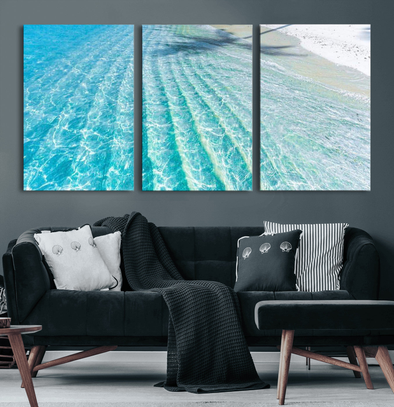 17528159-MGV-CV-60X30-3P-Tropical Ocean Wall Art – Turquoise Water Canvas Print, Crystal Clear Beach Waves Photography Coastal Decor for Living Room,