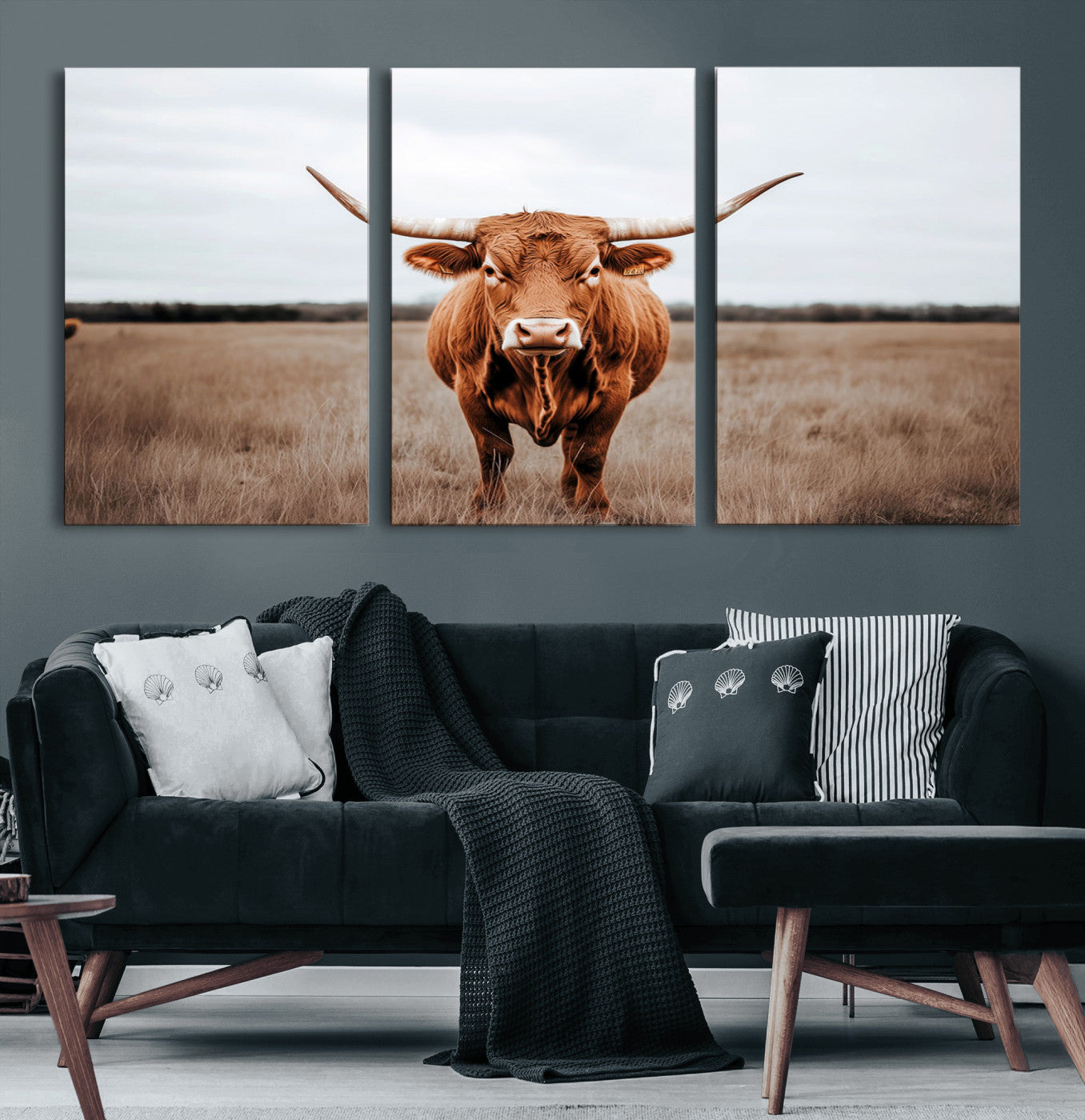 16316734-MGV-CV-60X30-3P-Texas Longhorn Wall Art – Rustic Bull Portrait Canvas Print, Western Farmhouse Animal Photography Decor for Living Room, Office,