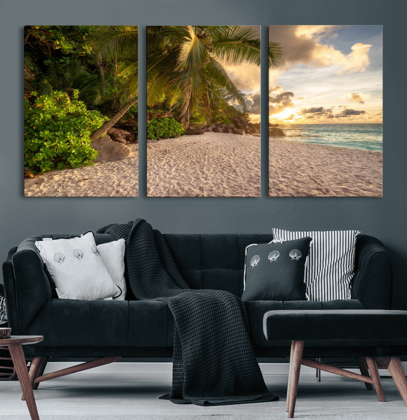 89531159-MGV-CV-36X24-Tropical Beach Sunset Canvas Wall Art – Palm Trees Golden Sand Ocean Waves Coastal Paradise Print for Beach House Bedroom Bathroom