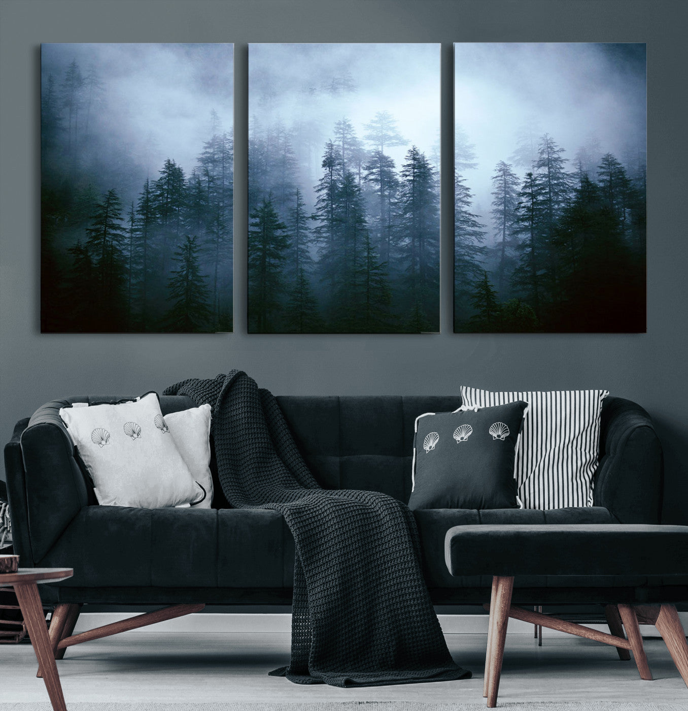 93439624-MGV-CV-60X30-3P-Forest Wall Art – Misty Pine Trees Canvas Print, Moody Nature Photography Decor for Bedroom, Living Room, Office, Cabin, Lodge or