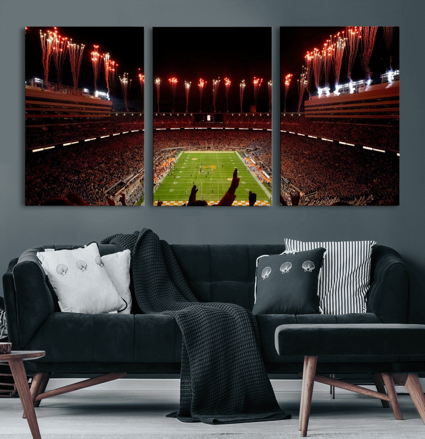 73358115-MGV-CV-60X30-3P-Tennessee Volunteers Wall Art – Neyland Stadium Fireworks Night Game Canvas Print, Vols Football Checkerboard Endzone Sports Decor