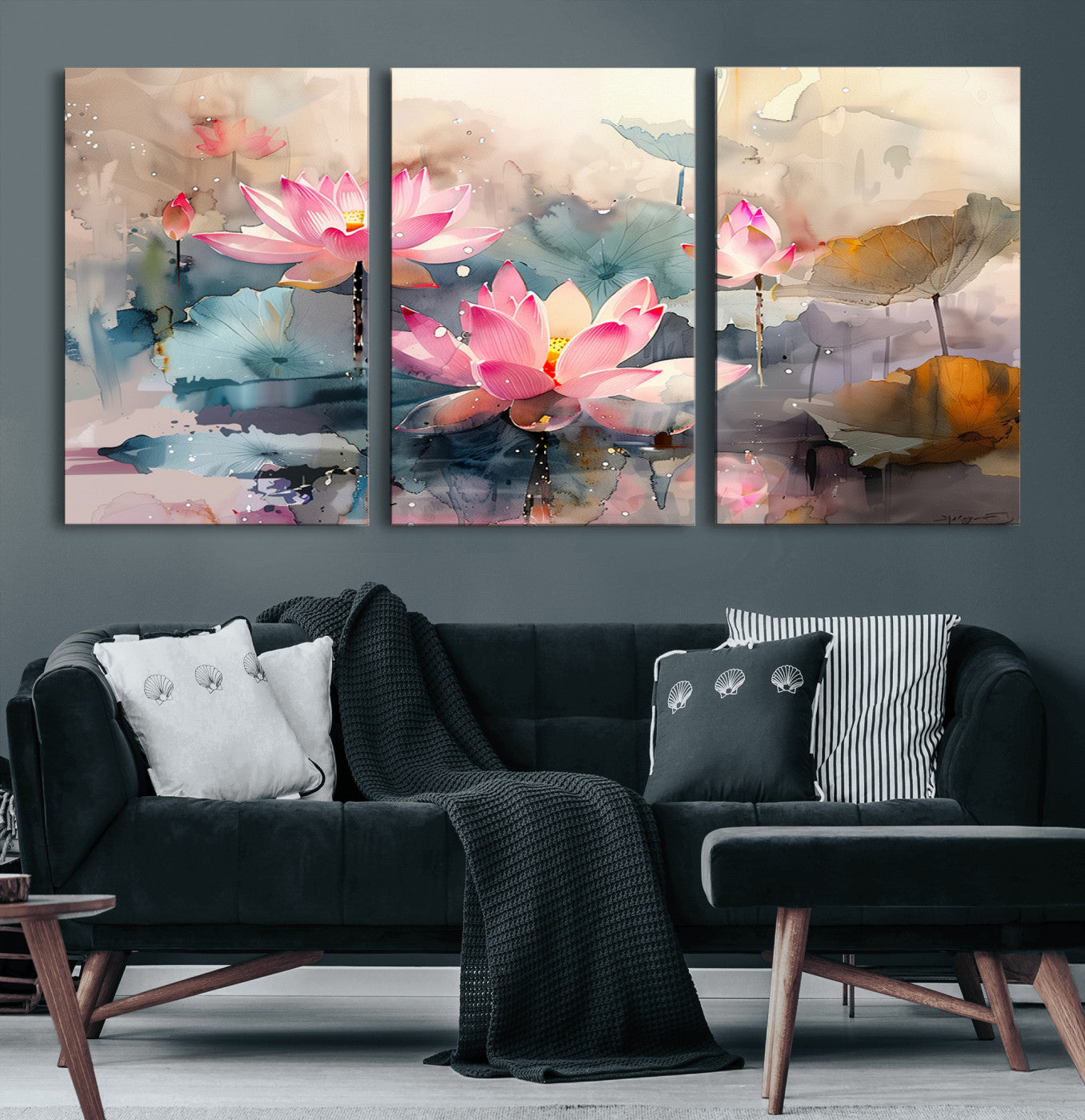 18414-MGV-CV-60X30-3P-Pink Lotus Wall Art Canvas Print, Framed Water Lily Art Picture Print, Dreamy Floral Perfect Dreamy Botanical Decor Artwork