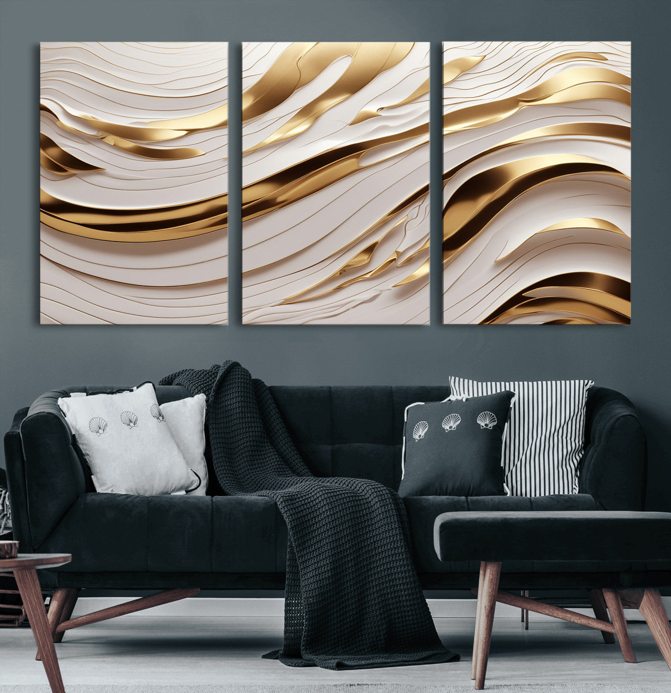 41237-MGV-CV-60X30-3P-Gold Waves Wall Art Canvas Print, Framed Elegant Flow Art Picture Print, Luxury Layers Perfect Minimal Luxe Decor Artwork