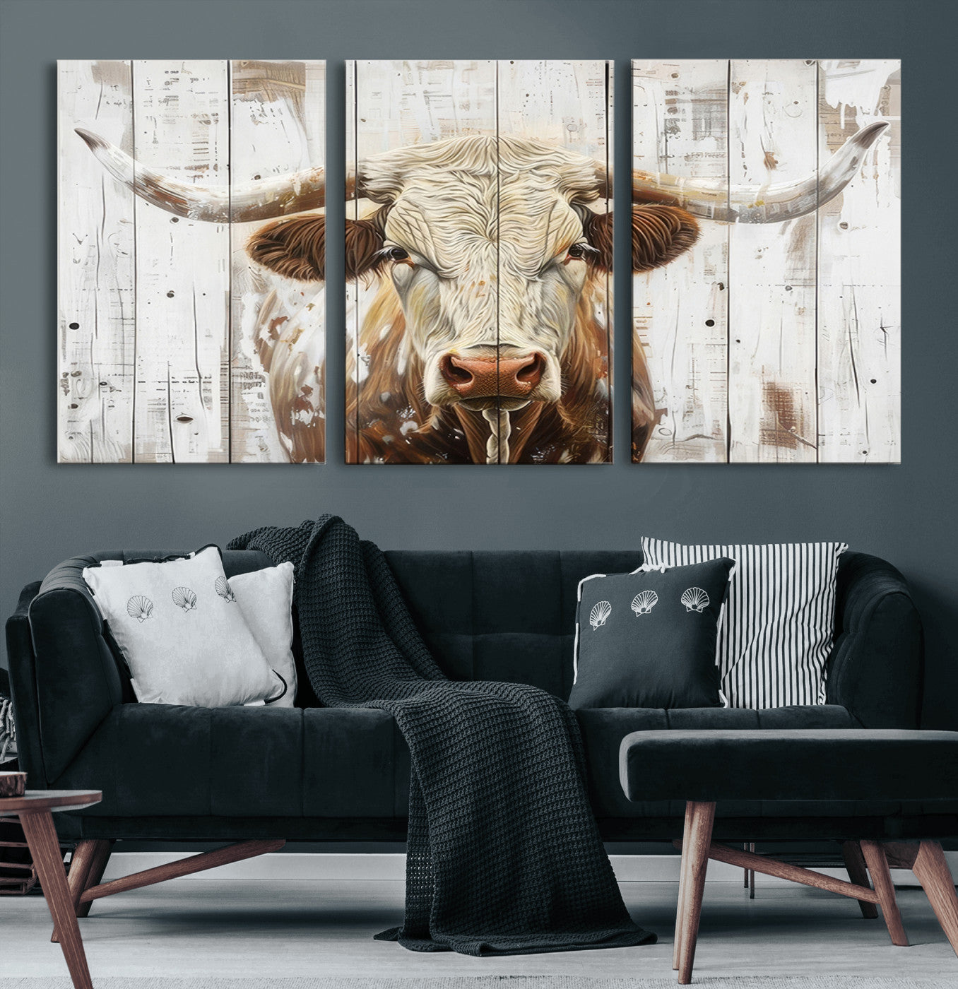 10840-MGV-CV-60X30-3P-Texas Longhorn Wall Art Canvas Print, Framed Rustic Bull Art Picture Print, Western Cattle Perfect Rustic Western Decor Artwork