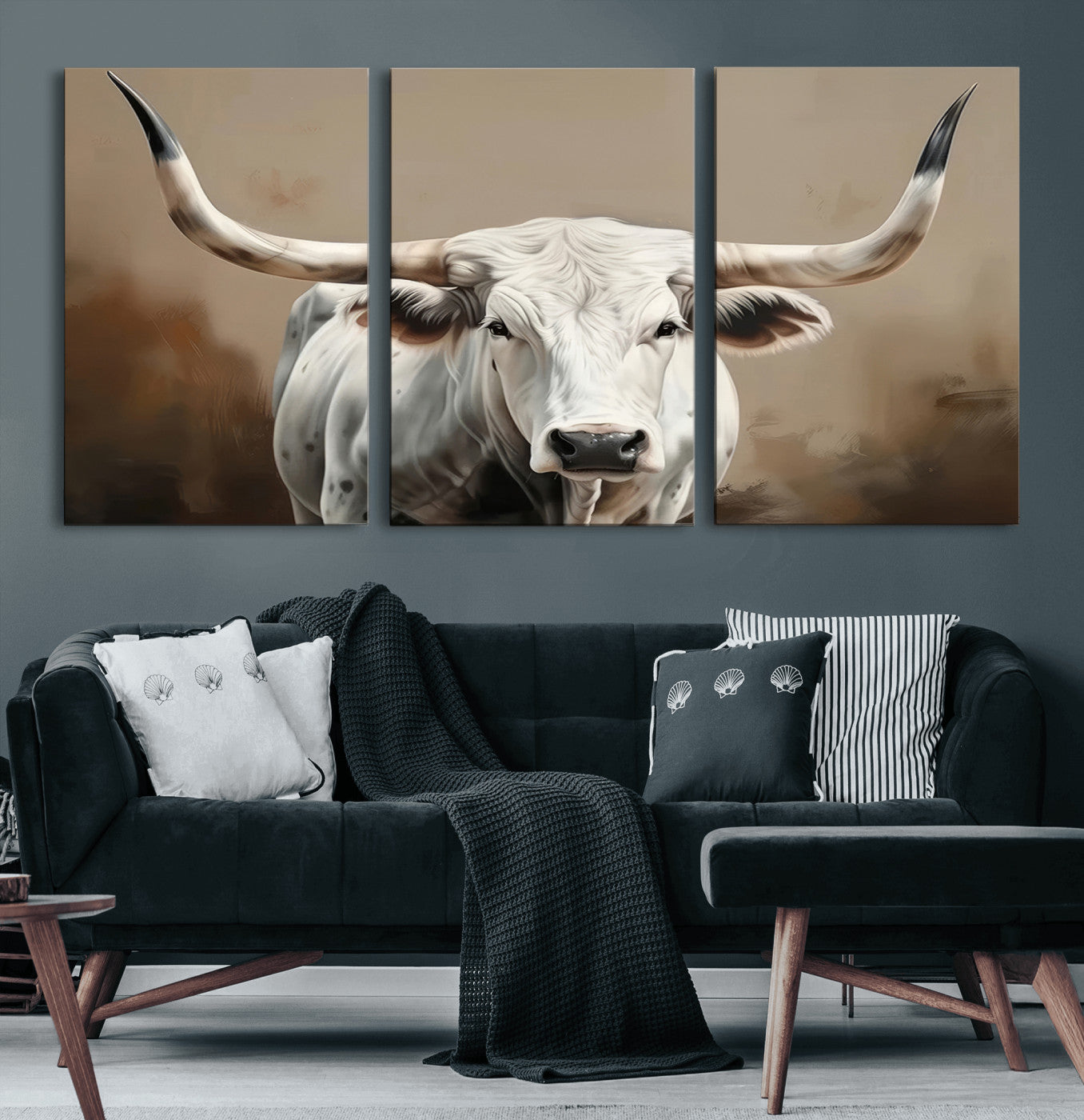 63550-MGV-CV-36X24-Texas Longhorn Wall Art Canvas Print, Framed White Bull Art Picture Print, Horned Cattle Perfect Rustic Western Decor Artwork