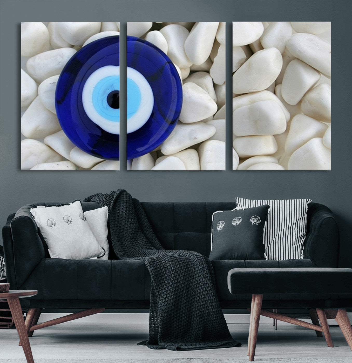 48883-MGV-CV-60X30-3P-Evil Eye Wall Art – Deep Blue Symbol of Presence and Calm on White Stones, Subtle Spiritual Decor for Entryway, Studio, Office or