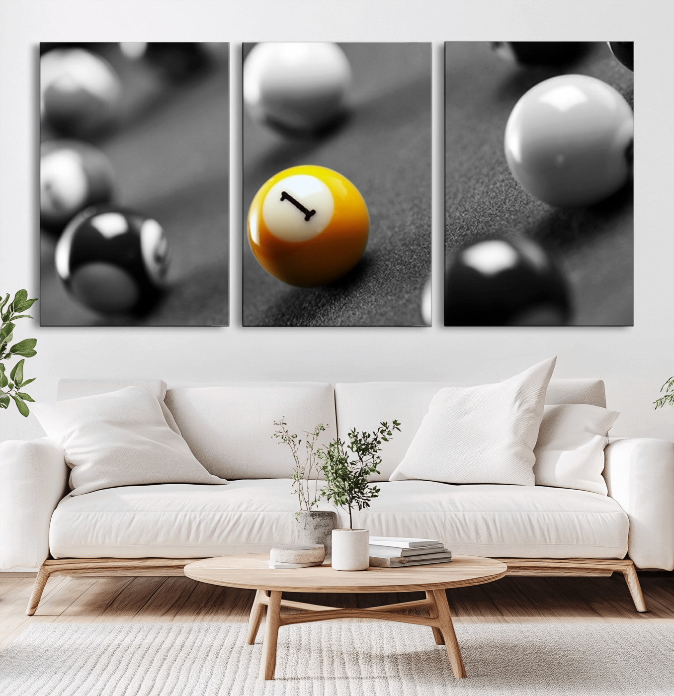52108-MGV-CV-36X24-Precision Pool Table Wall Art – Close Up Yellow 1 Ball Canvas Print, Hand-Played Billiards Game Decor for Office, Game Room, or