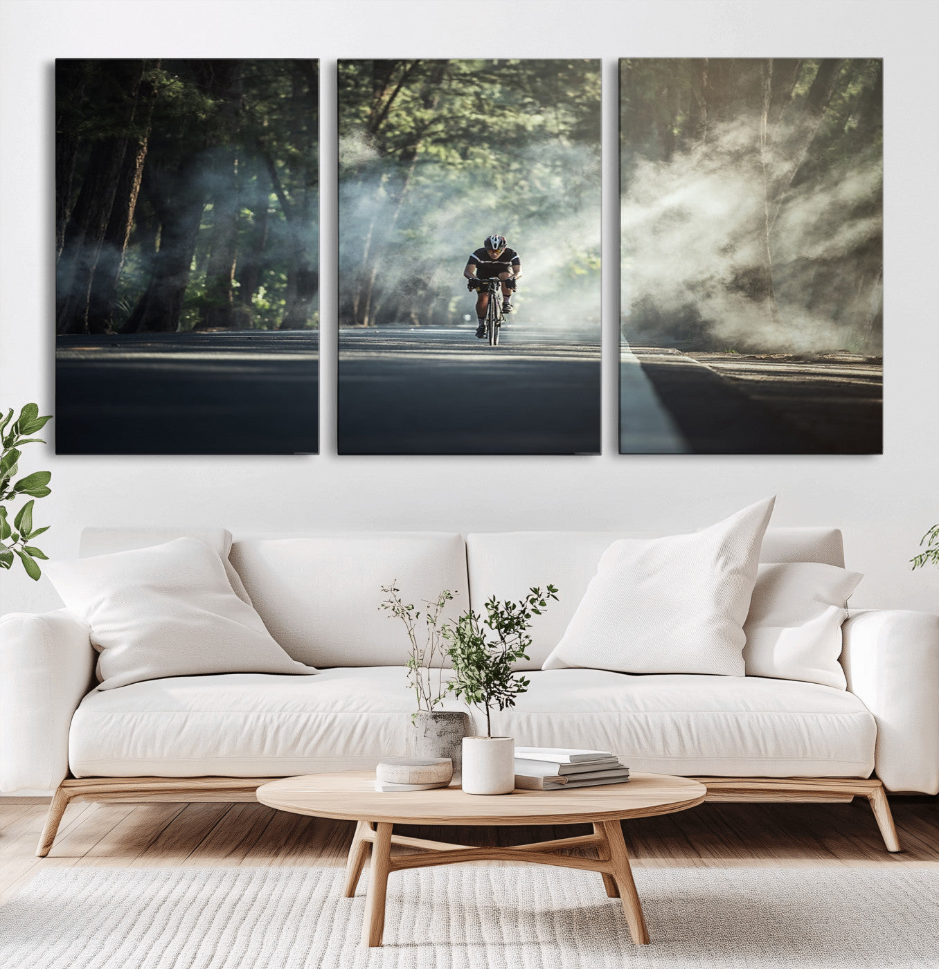 55107-MGV-CV-36X24-Cyclist Road Wall Art – Scenic Forest Bike Ride Canvas Print, Outdoor Sports Decor for Home, Office, Man Cave, or Living Room