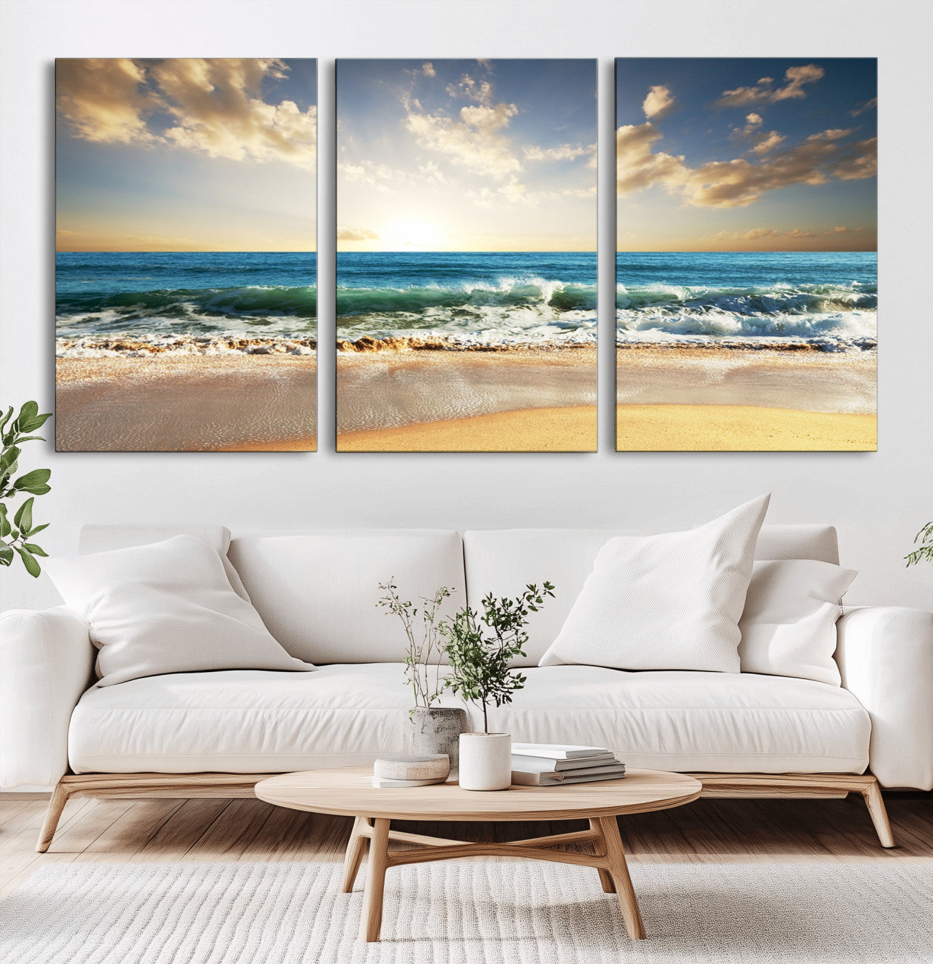 13139-MGV-CV-36X24-Sunrise Beach Wall Art – Ocean Waves and Golden Sand Canvas Print, Coastal Home Decor for Living Room, Bedroom, or Office