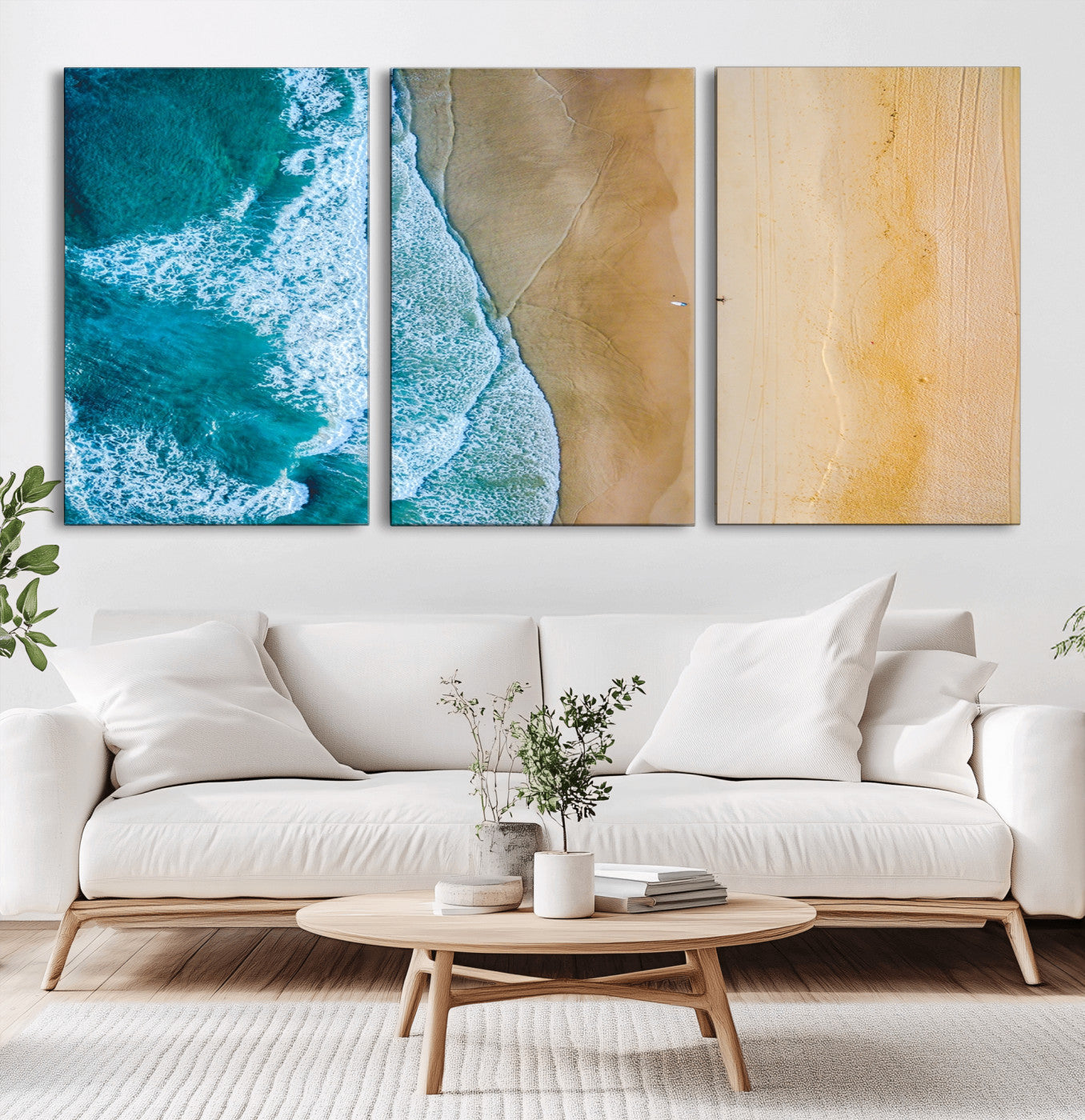 46640-MGV-CV-36X24-Aerial Beach Wall Art – Turquoise Waves and Golden Sand Canvas Print with Lone Surfer, Coastal Ocean Decor for Living Room,