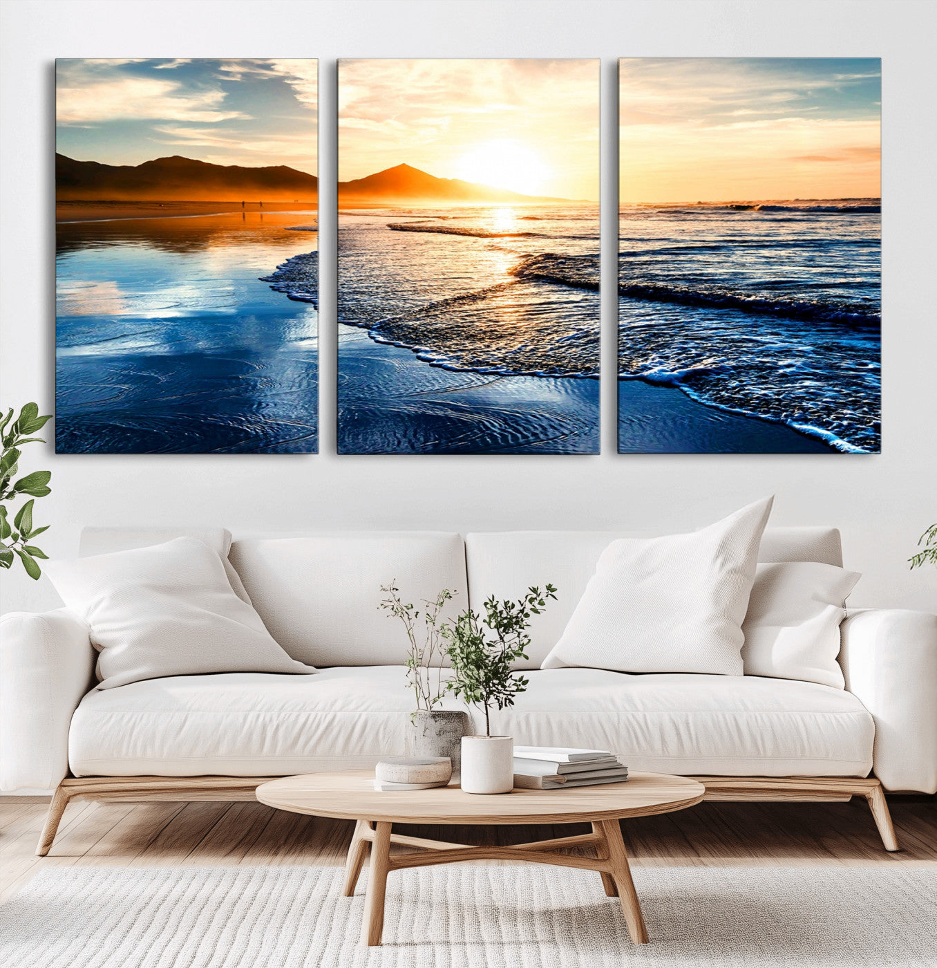 86173-MGV-CV-36X24-Golden Sunset Beach Wall Art – Reflective Ocean Canvas Print with Mountains and Waves, Coastal Nature Decor for Living Room,