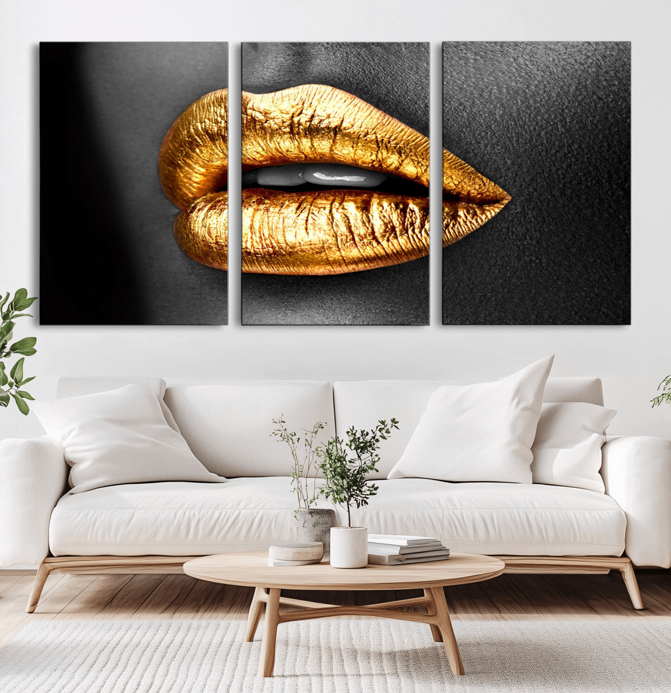 84747-MGV-CV-36X24-Golden Lips Black & White Portrait – Glamorous Metallic Lip Art Print, Modern Wall Decor for Bedroom, Beauty & Fashion Lover Gift