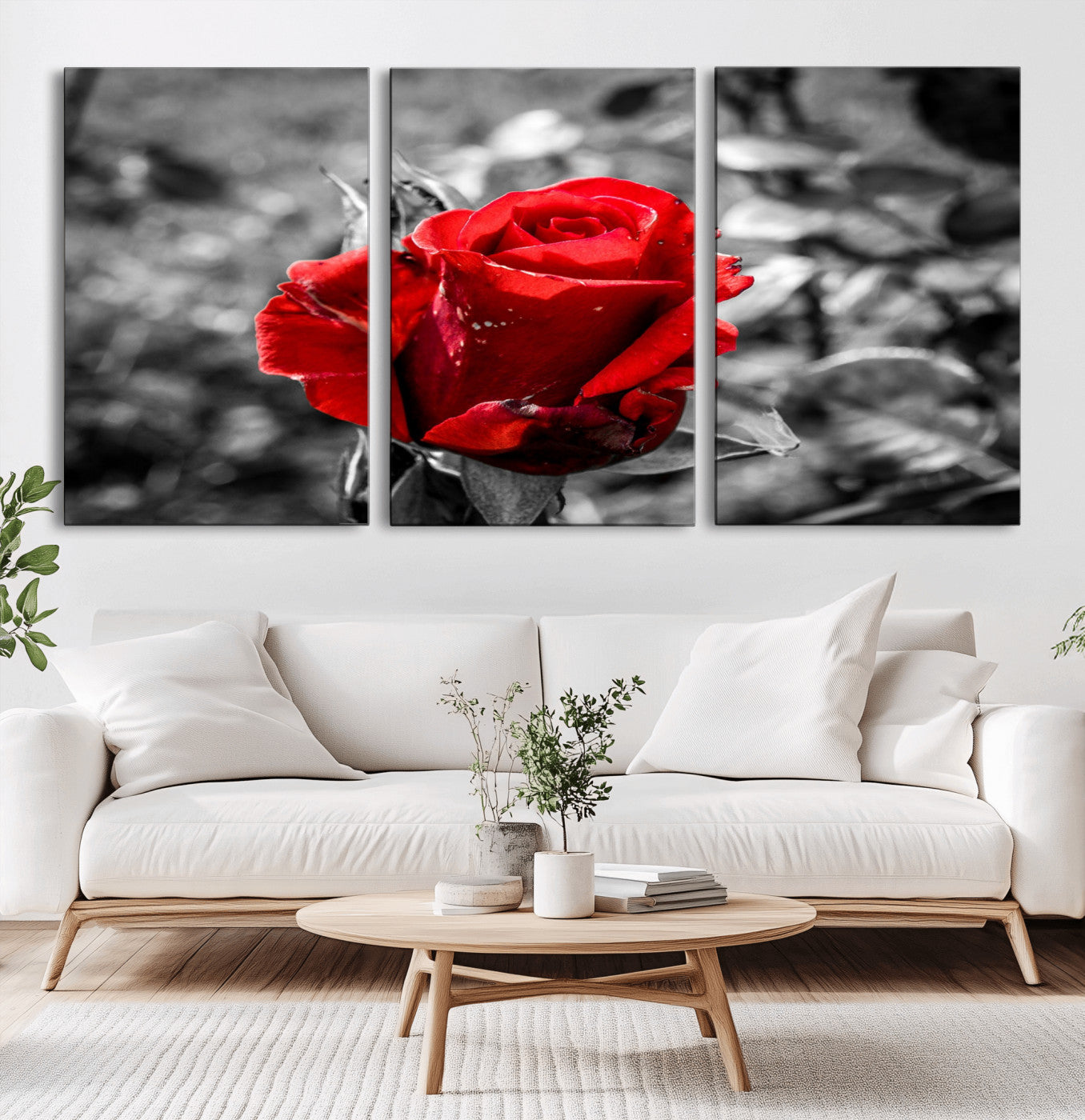 84671-MGV-CV-36X24-Red Rose Wall Art – Vibrant Single Bloom Canvas Print with Black and White Background, Elegant Floral Decor for Living Room,