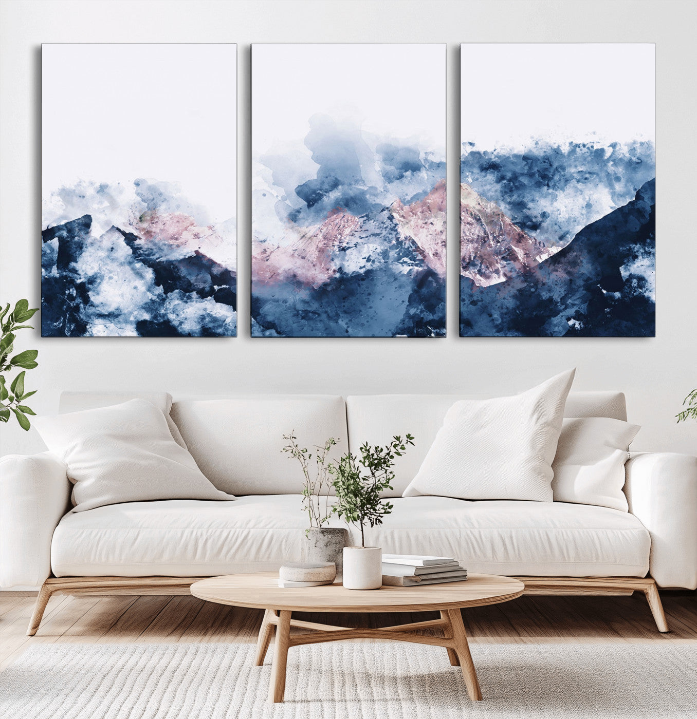 77592-MGV-CV-36X24-Abstract Mountain Watercolor Wall Art – Blue and Pink Canvas Print, Modern Nature Decor for Living Room or Bedroom