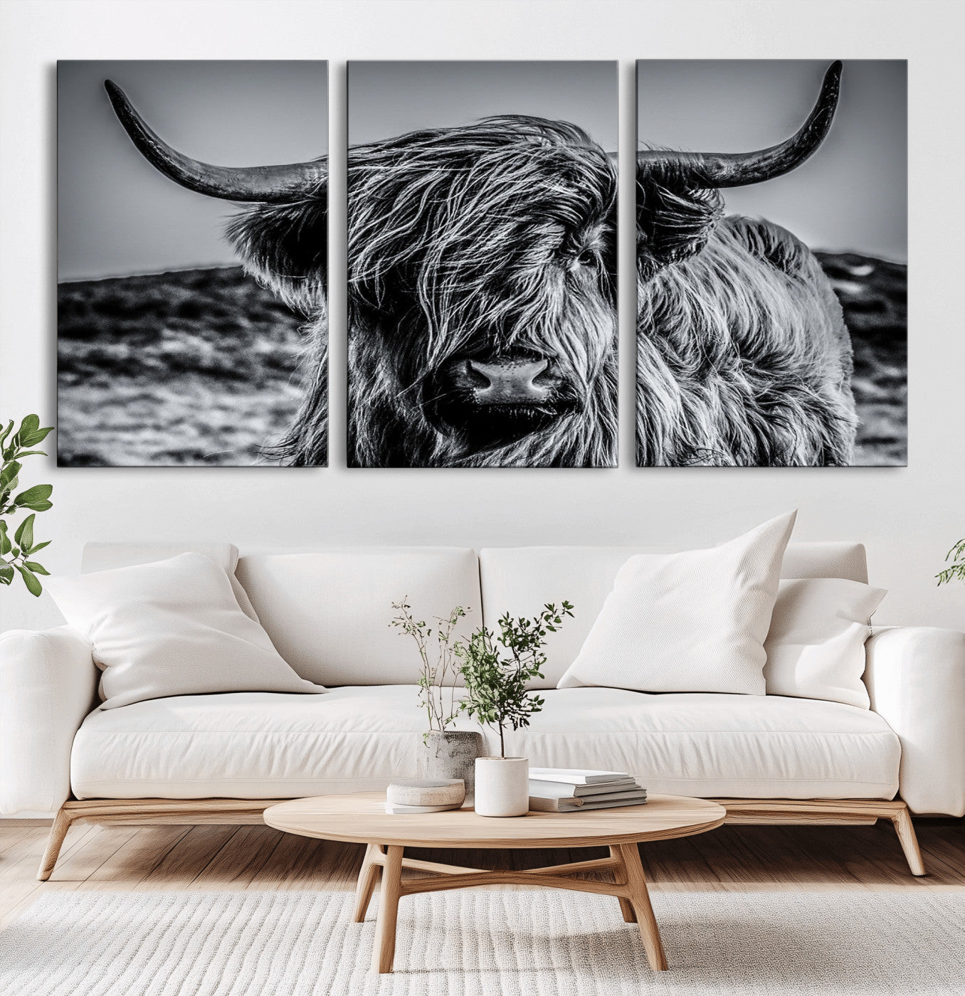 97372-MGV-CV-36X24-Elegant Highland Cow Wall Art – Black and White Canvas Print, Rustic Nature Decor for Home, Office, Living Room or Man Cave