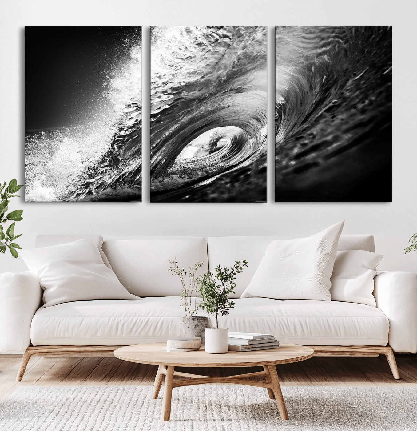 22702-MGV-CV-60X30-3P-Black and White Ocean Wave Wall Art – Powerful Surf Curl Photography Canvas Print, Modern Coastal Decor for Living Room, Office or