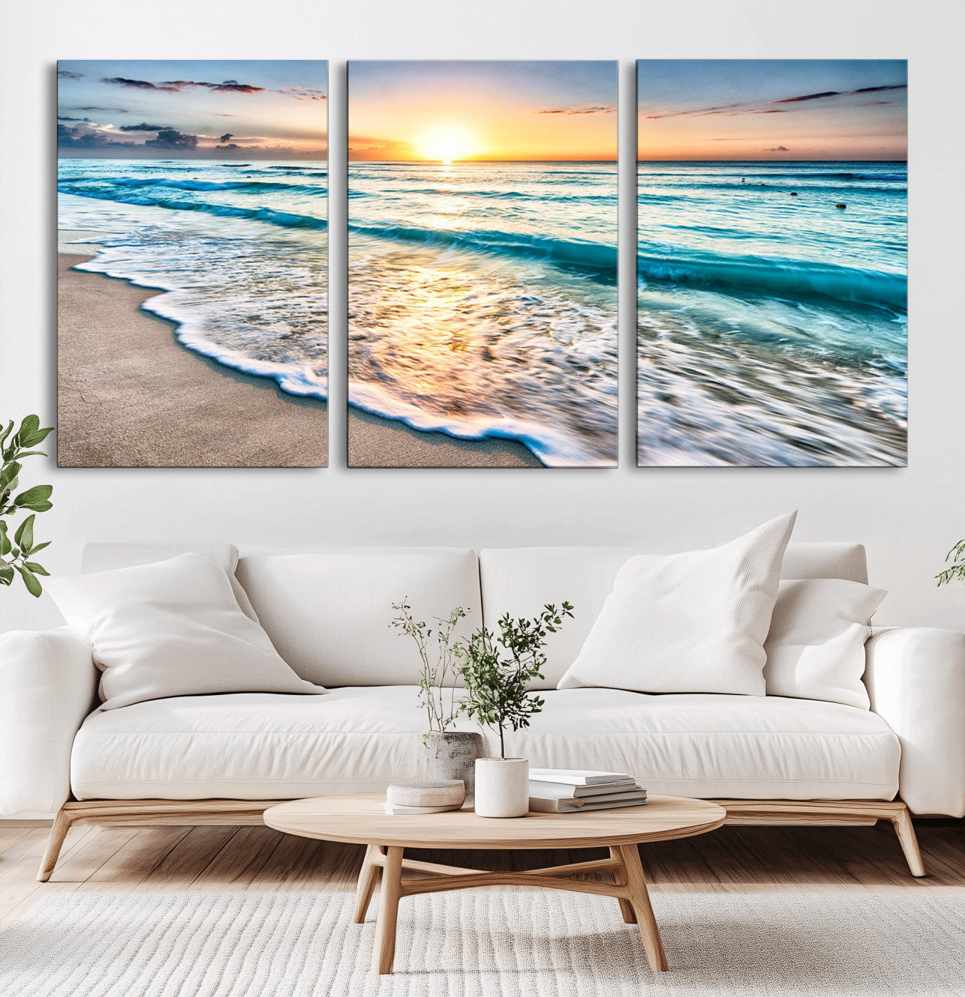 27815-MGV-CV-60X30-3P-Ocean Sunrise Beach Wall Art – Serene Coastal Canvas Print with Waves and Golden Morning Light, Relaxing Seascape Decor for