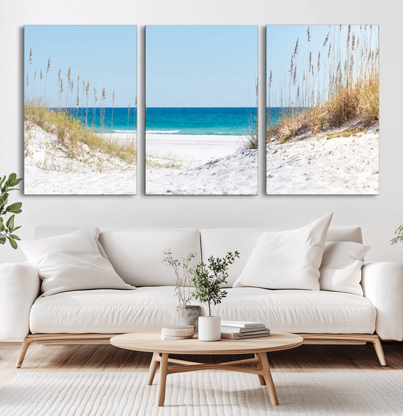 58498-MGV-CV-60X30-3P-White Sandy Beach Wall Art – Panoramic Coastal Canvas Print, Ocean View Decor for Living Room, Bedroom, Office, Relaxing Seaside