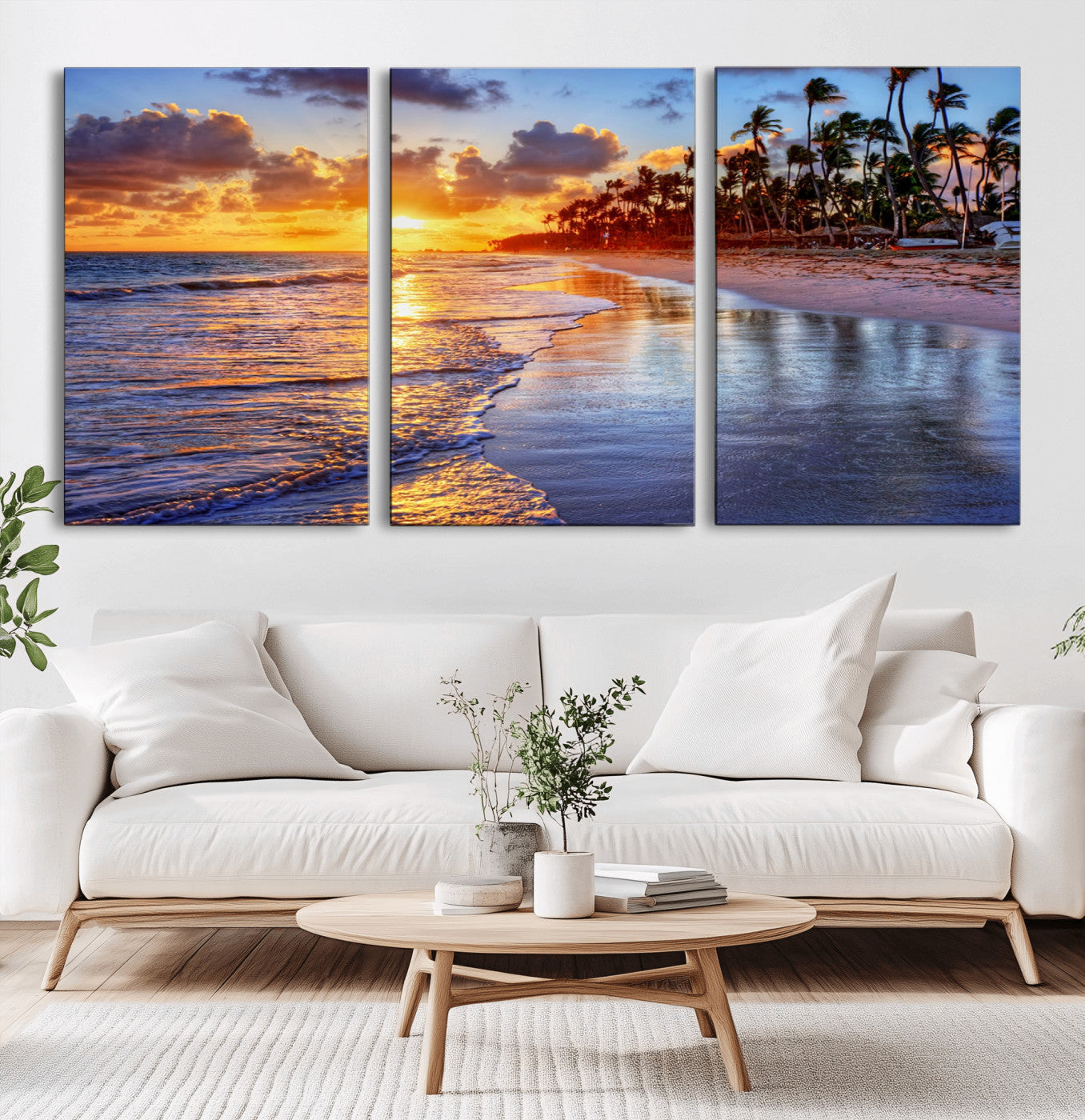 19917-MGV-CV-60X30-3P-Tropical Sunset Beach Wall Art – Panoramic Palm Trees and Ocean Canvas Print, Vibrant Coastal Decor for Living Room, Office or Man